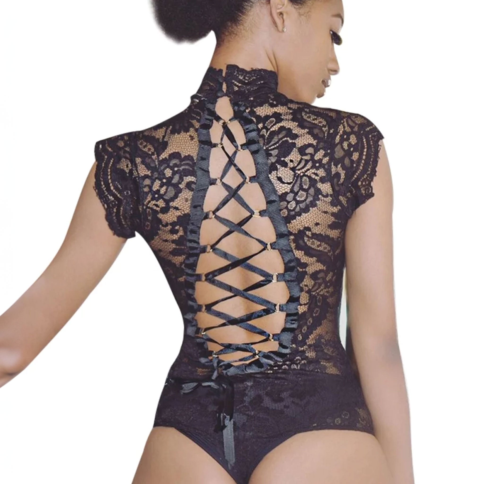 Lycra lace bodysuit bodycon lace-back mock neck lingerie backless teddy babydoll intimate sexy casual elegant vintage sleepwear black 