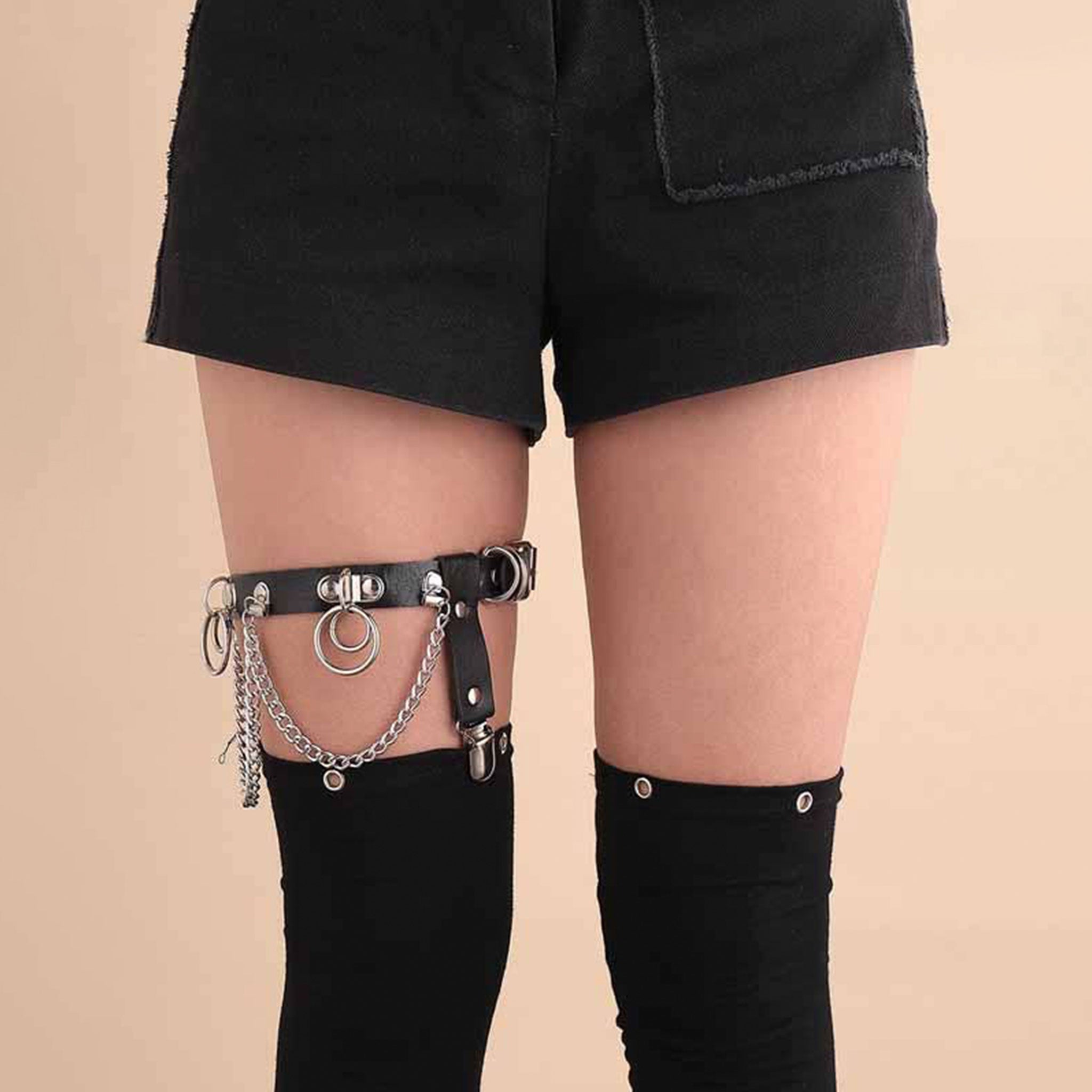 Faux PU leather garter belt clips o-rings chains stockings accessories thigh-high intimates black