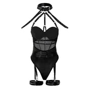 Sheer mesh overbust bodysuit boned bustier lingerie strappy teddy waist leg garter belt clips collar sexy erotic intimate snap-button crotch black 