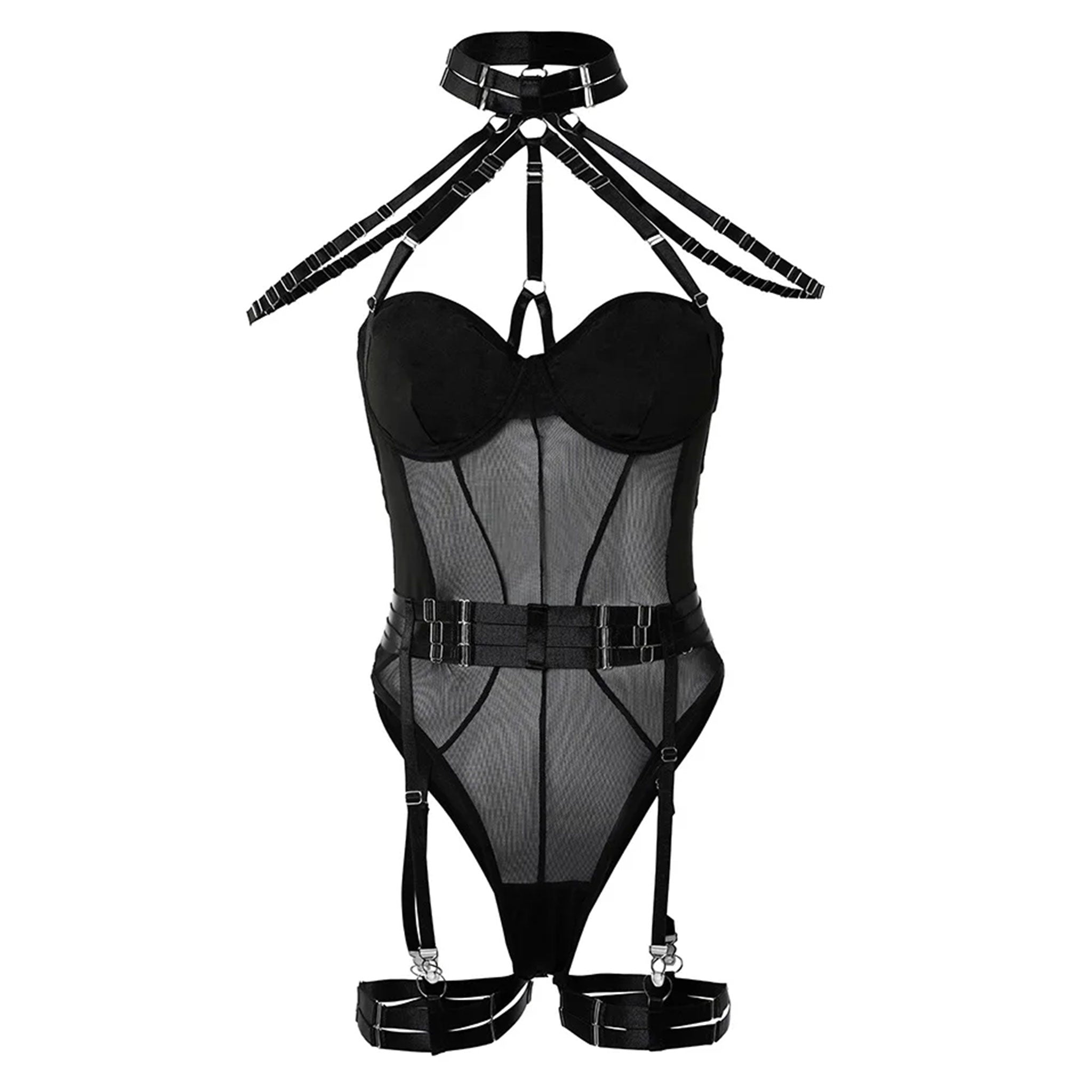 Sheer mesh overbust bodysuit boned bustier lingerie strappy teddy waist leg garter belt clips collar sexy erotic intimate snap-button crotch black 