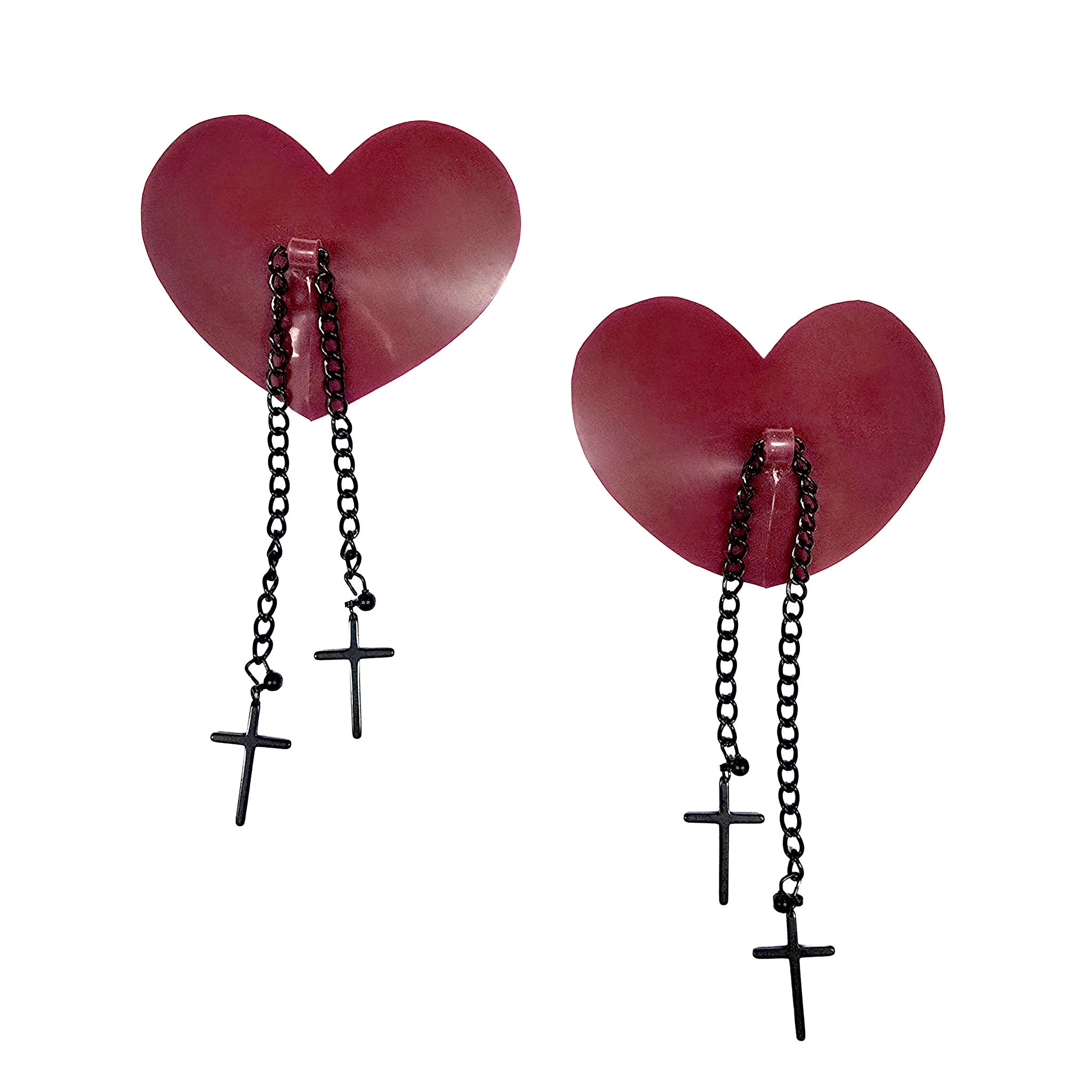 Latex rubber metallic-chain accessories pasties nipple-pasties nipple breast-petals heart-shaped heart no-adhesive hanging-chains crucifix cross lightweight sexy blasphemy fetish fashion alt-fashion punk goth gothic goth-doll fetishwear bondage bdsm bdsm-fashion costume cosplay halloween nun vampire succubus female femme feminine womens red blood-red
