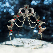 Metallic acrylic accessories headband head-band headgear head-gear head-piece headpiece crown halo skull butterfly butterflies moon crescent-moon pearl pearl-strand faux-pearls ruby rubies faux-gems goth gothic gothic-doll sparkling shiny dark-elegance elegant intricate fierce costume cosplay halloween birthday prom pageant queen king regal female femme feminine womens unisex silver white red