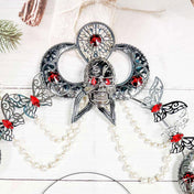 Metallic acrylic accessories headband head-band headgear head-gear head-piece headpiece crown halo skull butterfly butterflies moon crescent-moon pearl pearl-strand faux-pearls ruby rubies faux-gems goth gothic gothic-doll sparkling shiny dark-elegance elegant intricate fierce costume cosplay halloween birthday prom pageant queen king regal female femme feminine womens unisex silver white red