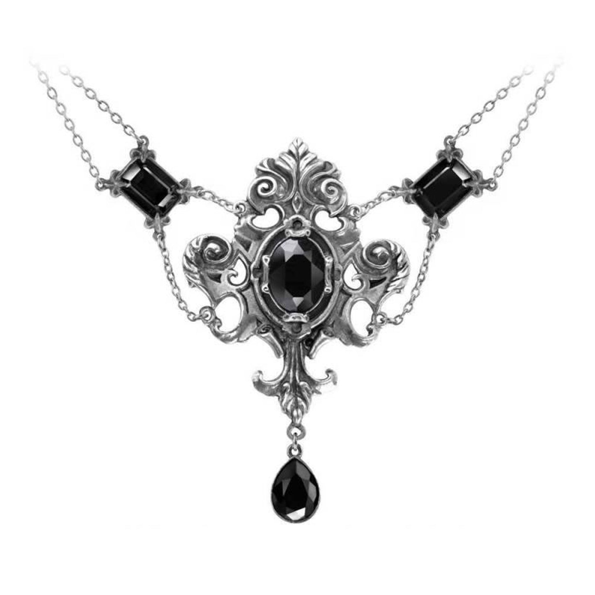 Pewter fine English antiqued crystal Austrian Swarovski jewelry necklace chain hanging choker cartouche dropper baroque elegant goth gothic fashion alt-fashion costume cosplay halloween accessories black