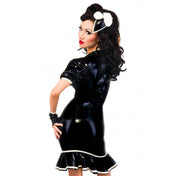 Latex dress puffed sleeves bows frills contrast trim frilled black white