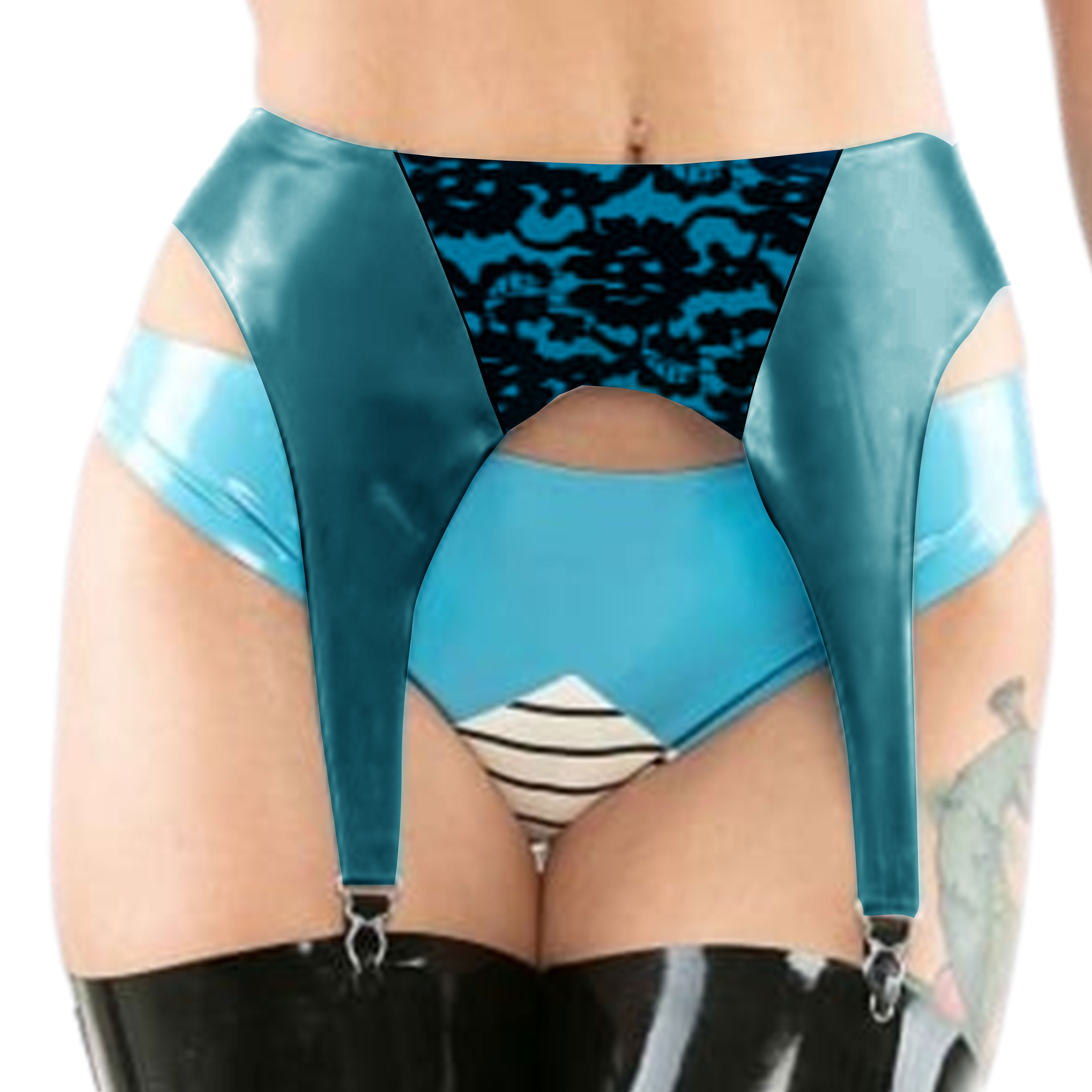 Latex Suspender with Lace Panel PS Steel Blue & Met Blue XS
