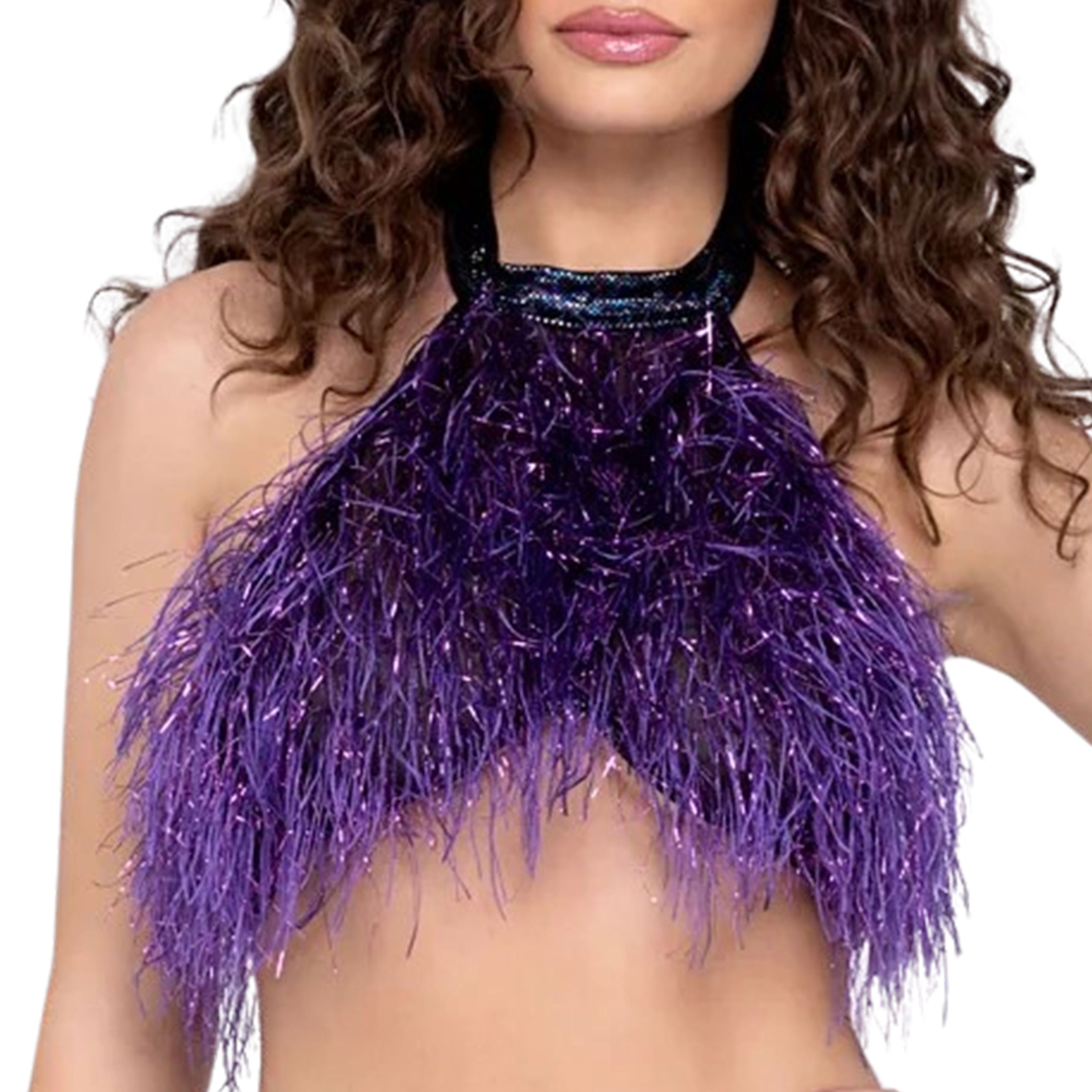 Glitter Fringe Faux Fur Halter Crop Top