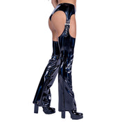 PVC/vinyl pants shorts booty cheeky long chaps detachable buckle rave festival wear black