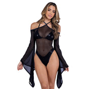 Bodysuit romper bell sleeves sleeve bell-sleeve sheer mesh flowy off-shoulder halterneck intimates lingerie black