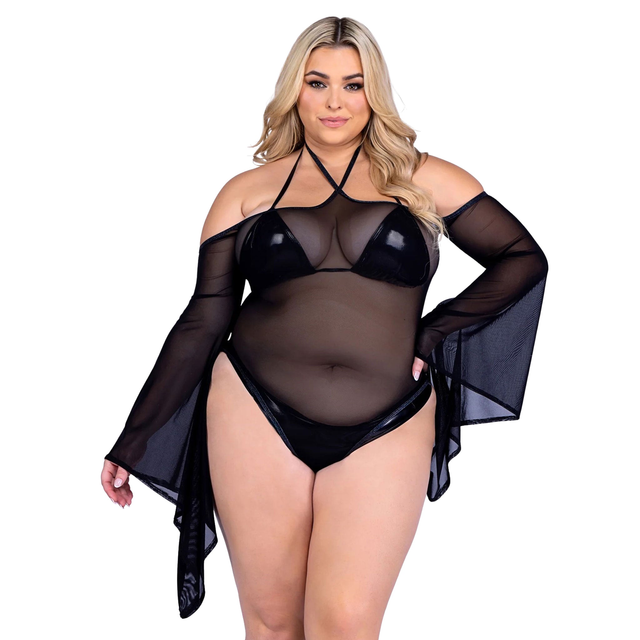 Bodysuit romper bell sleeves sleeve bell-sleeve sheer mesh flowy off-shoulder halterneck intimates lingerie black queen curvy