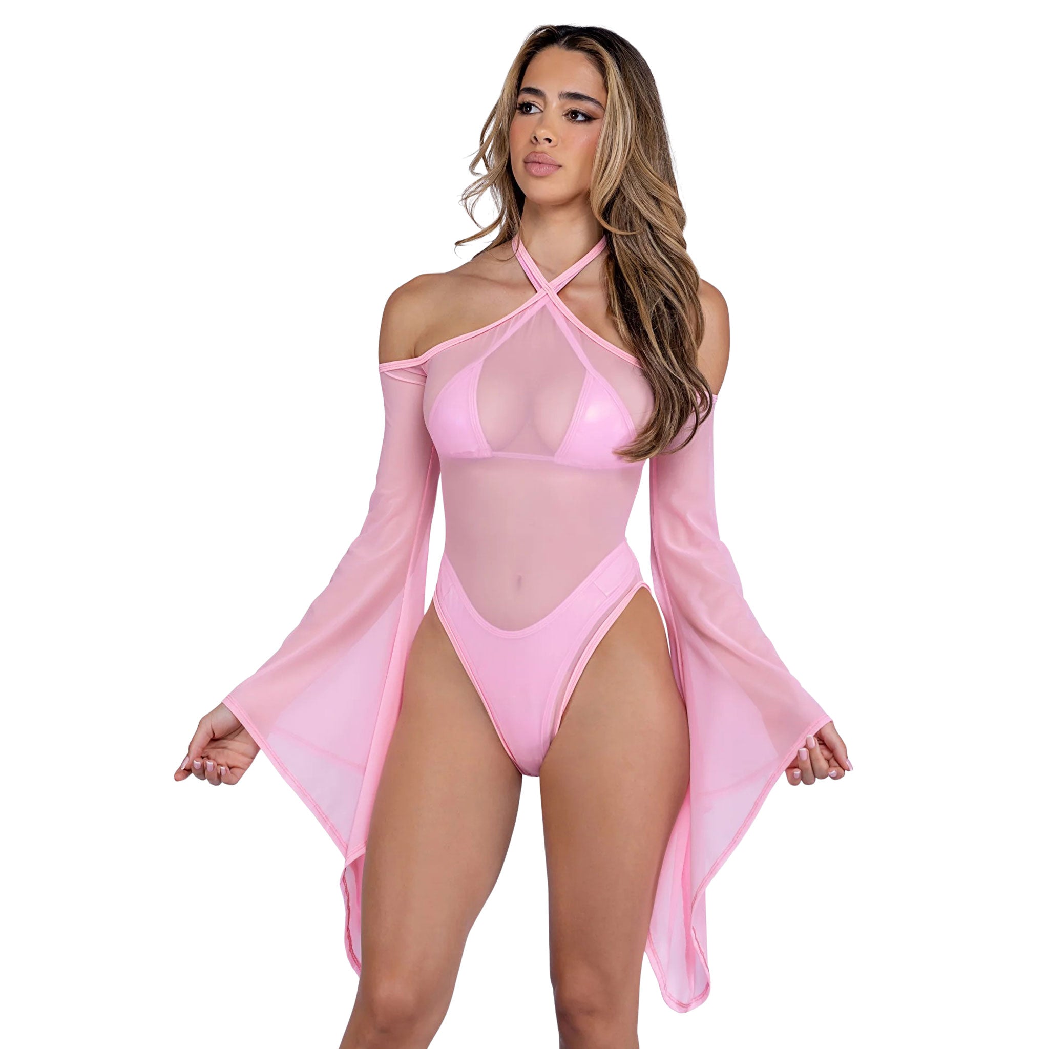 Bodysuit romper bell sleeves sleeve bell-sleeve sheer mesh flowy off-shoulder halterneck intimates lingerie pink baby-pink