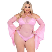 Bodysuit romper bell sleeves sleeve bell-sleeve sheer mesh flowy off-shoulder halterneck intimates lingerie pink baby-pink queen curvy