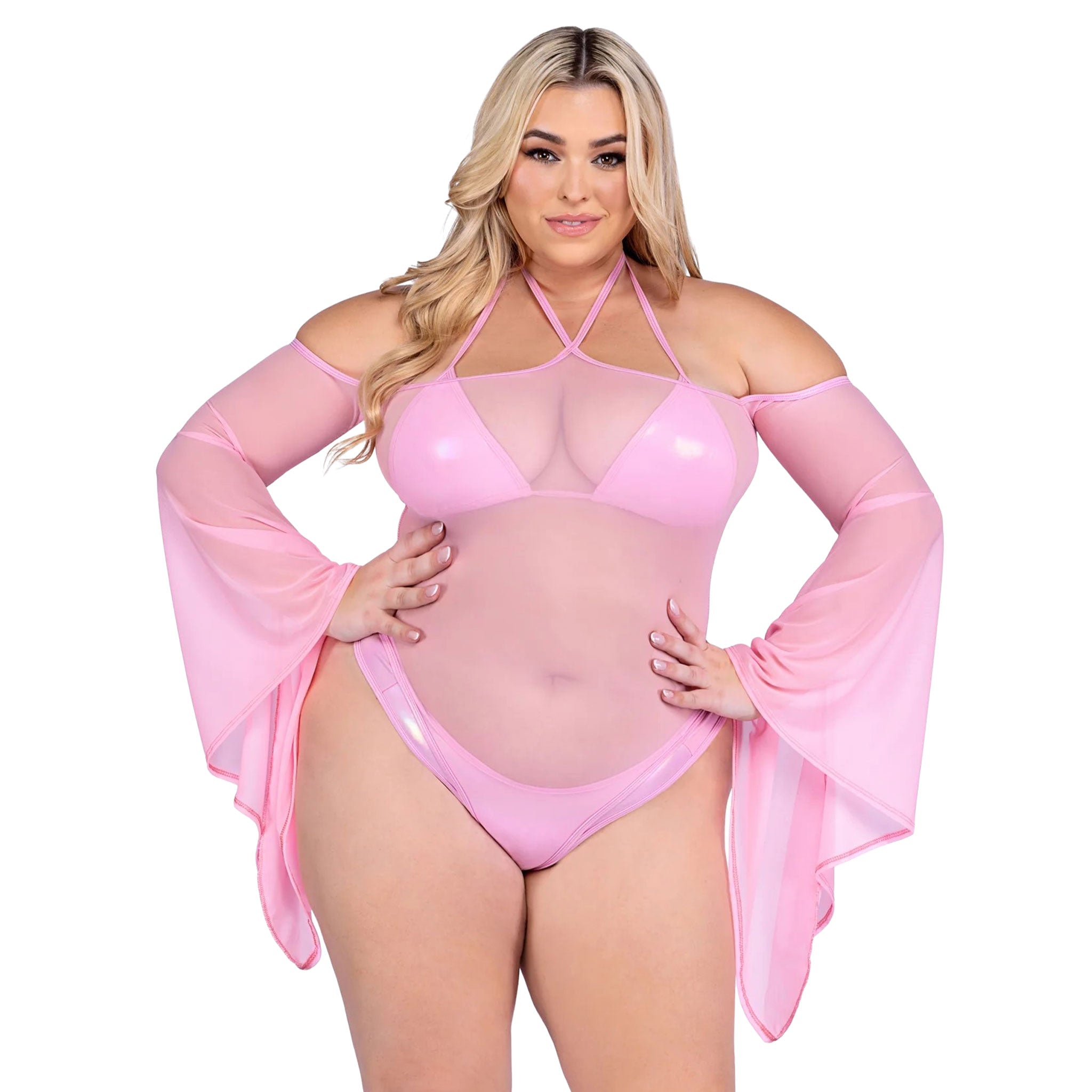 Bodysuit romper bell sleeves sleeve bell-sleeve sheer mesh flowy off-shoulder halterneck intimates lingerie pink baby-pink queen curvy