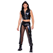Iridescent PVC Cropped Zip-Up Sleeveless Hooded Shirt