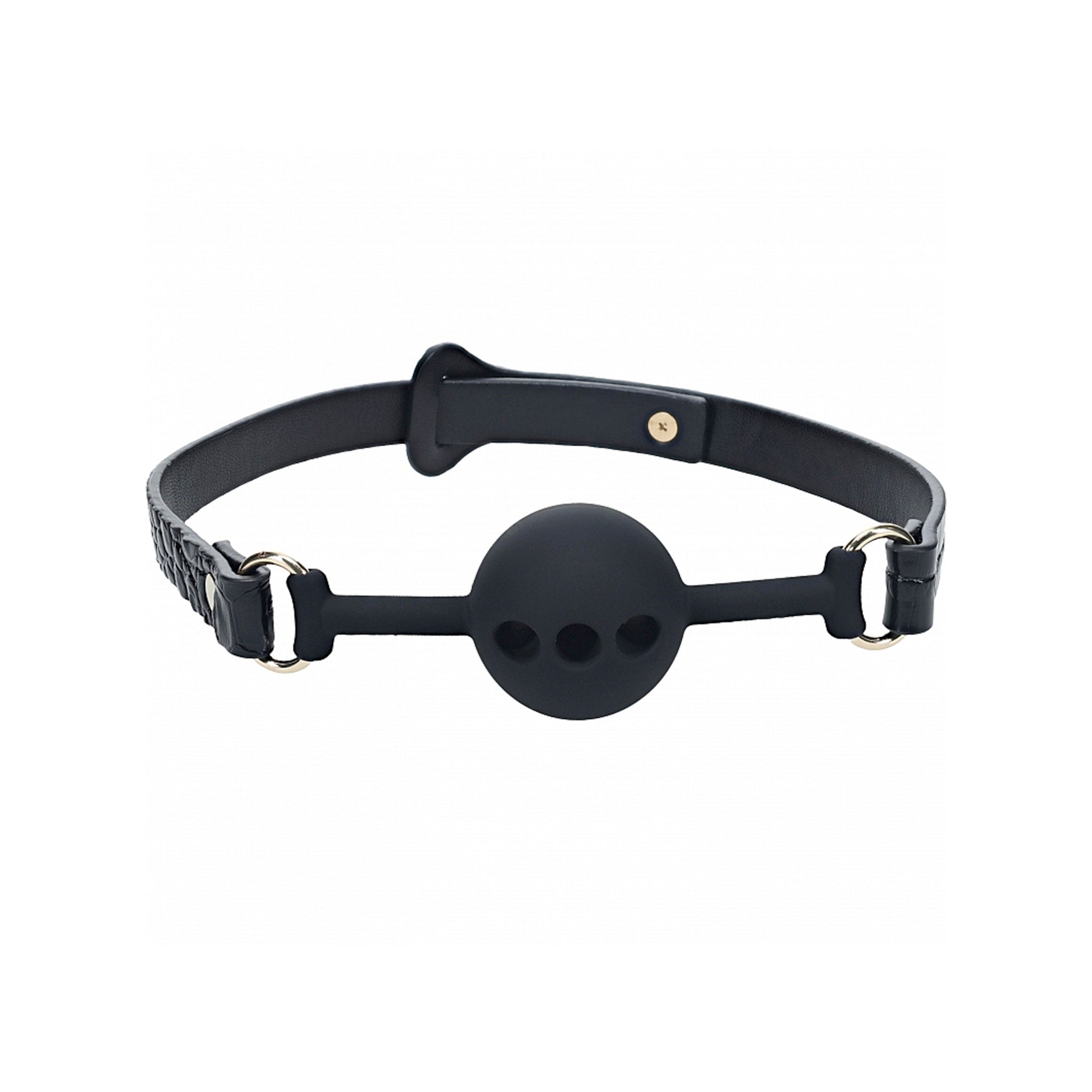 Silicone leather bonded PU PVC croc crocodile reptile scales embossed mouth gag ball ventilated breathable O-ring bdsm bondage kink kinky kinky-play adult-toys fetish fashion rome ouch black gold