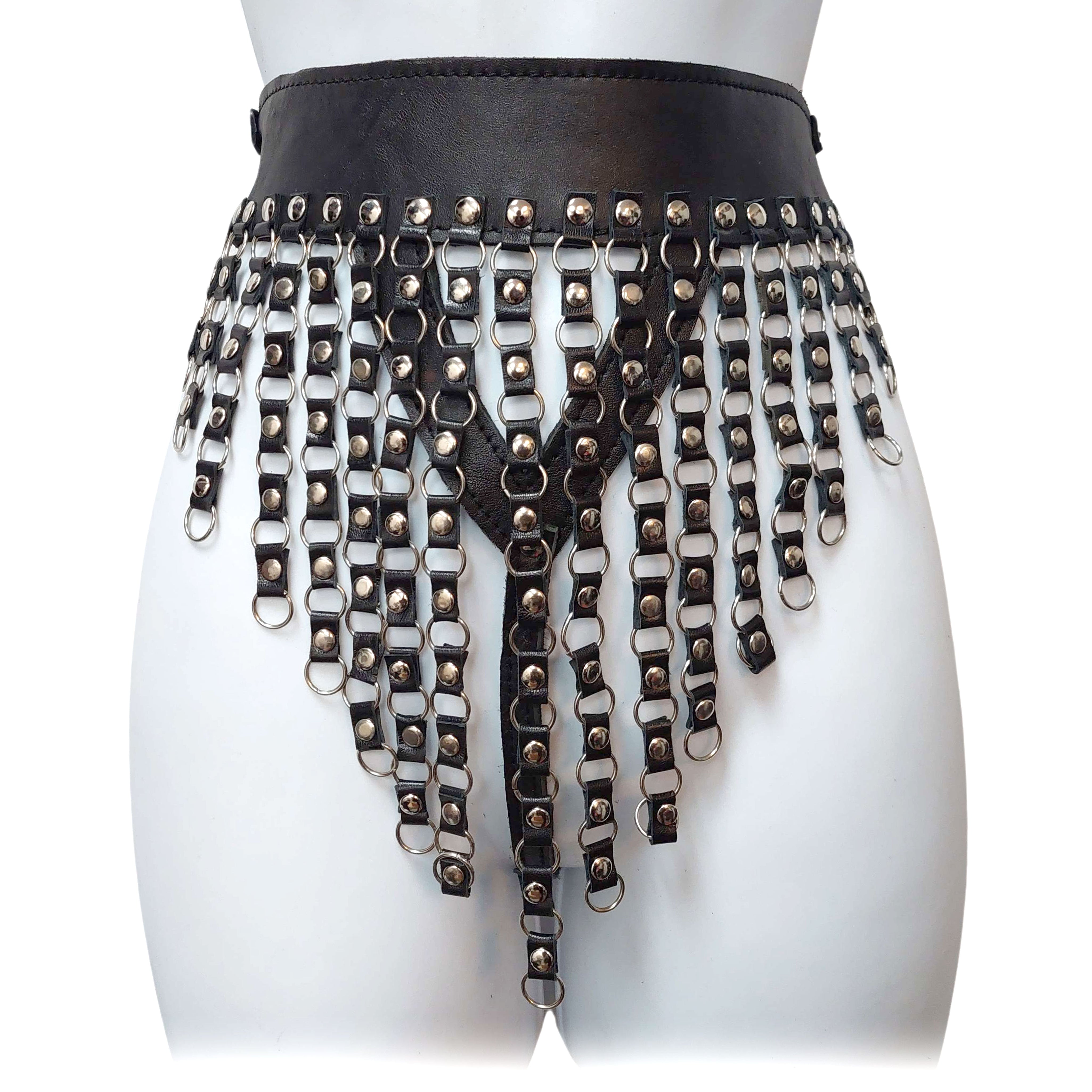 Metal Rings Waterfall Leather ADJ Bikini Belt O/S Black