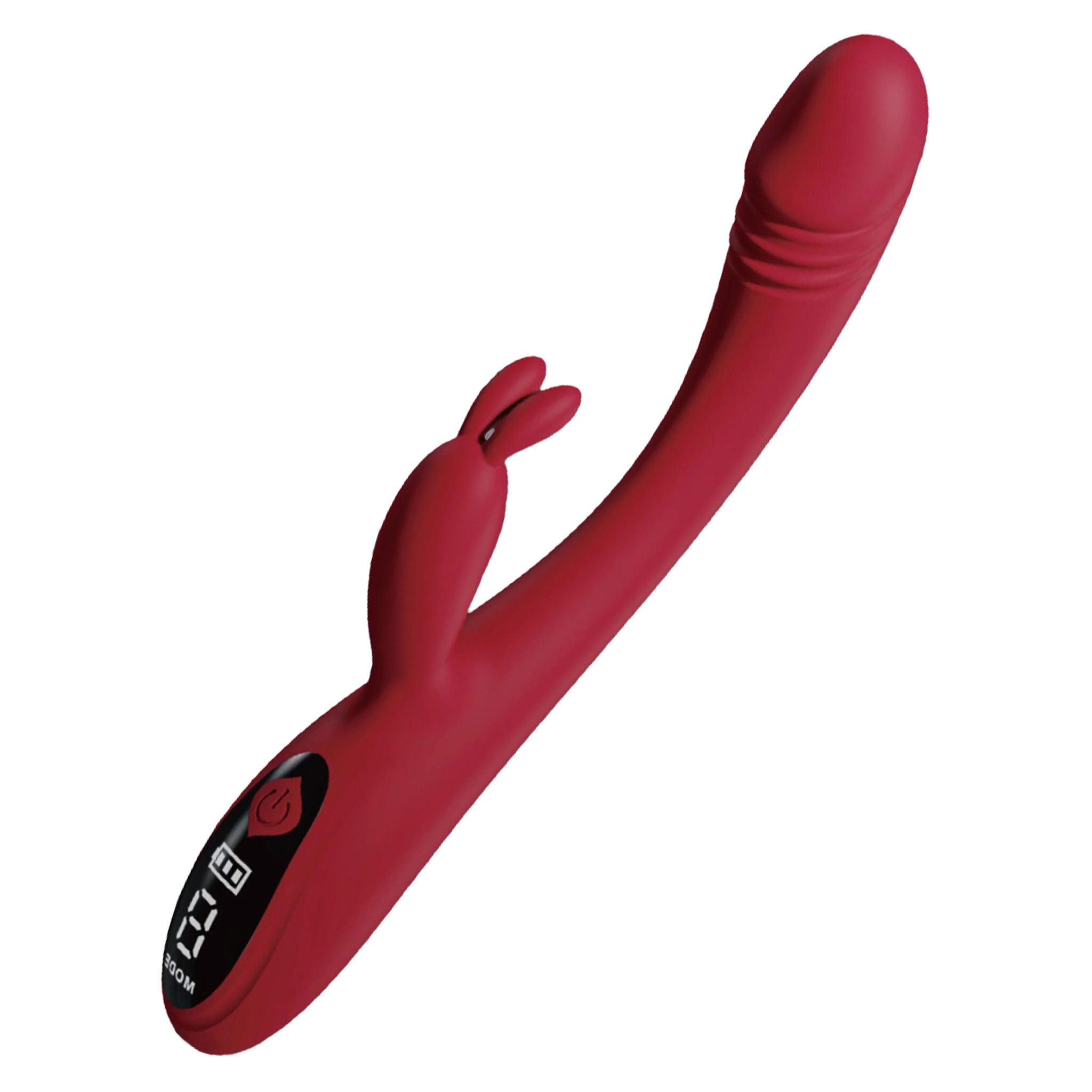 Silicone ABS-plastic accessories insertable vibe vibrator vibrating rabbit clit clitoral clitoris stim stimulator stimulation g-spot p-spot dual-sensation tickler digital-display angled-tip splashproof textured plush pleasure tickling luxury sleek curved kink kinky kinky-play kinky-toys solo-play couples couples-play adult-toys unisex red