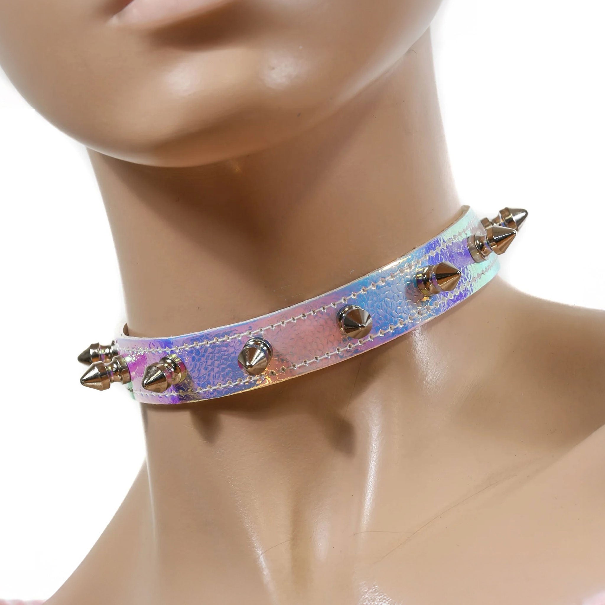 Leather faux vegan choker collar spike spikes spiked tree-spikes tree adjustable buckle fetish fashion alt-fashion punk goth gothic rave rave-wear accessories purple blue pebble texture rainbow iridescent hologram