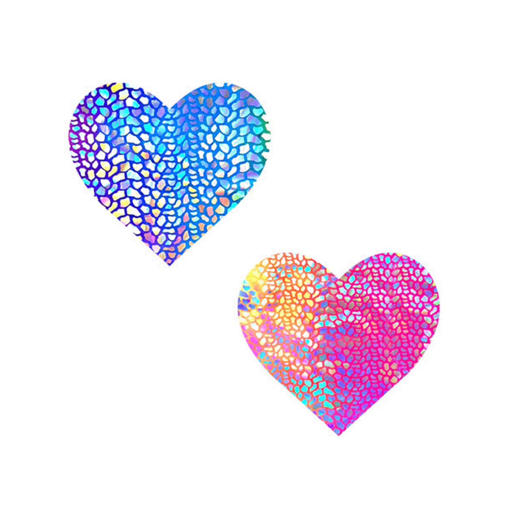 Adhesive medical-grade hypoallergenic latex-free swimsuit-material accessories pasties nipple-pasties breast-shields breast-petals handcrafted blacklight black-light-reactive ultraviolet uv-reactive heart-shaped fashion rave ravewear rave-babe costume cosplay animal dinosaur pebble-skin pebbleskin-pattern unisex lgbtq gay pride valentines iridescent holographic holographic-foil hologram gradient pink blue rainbow
