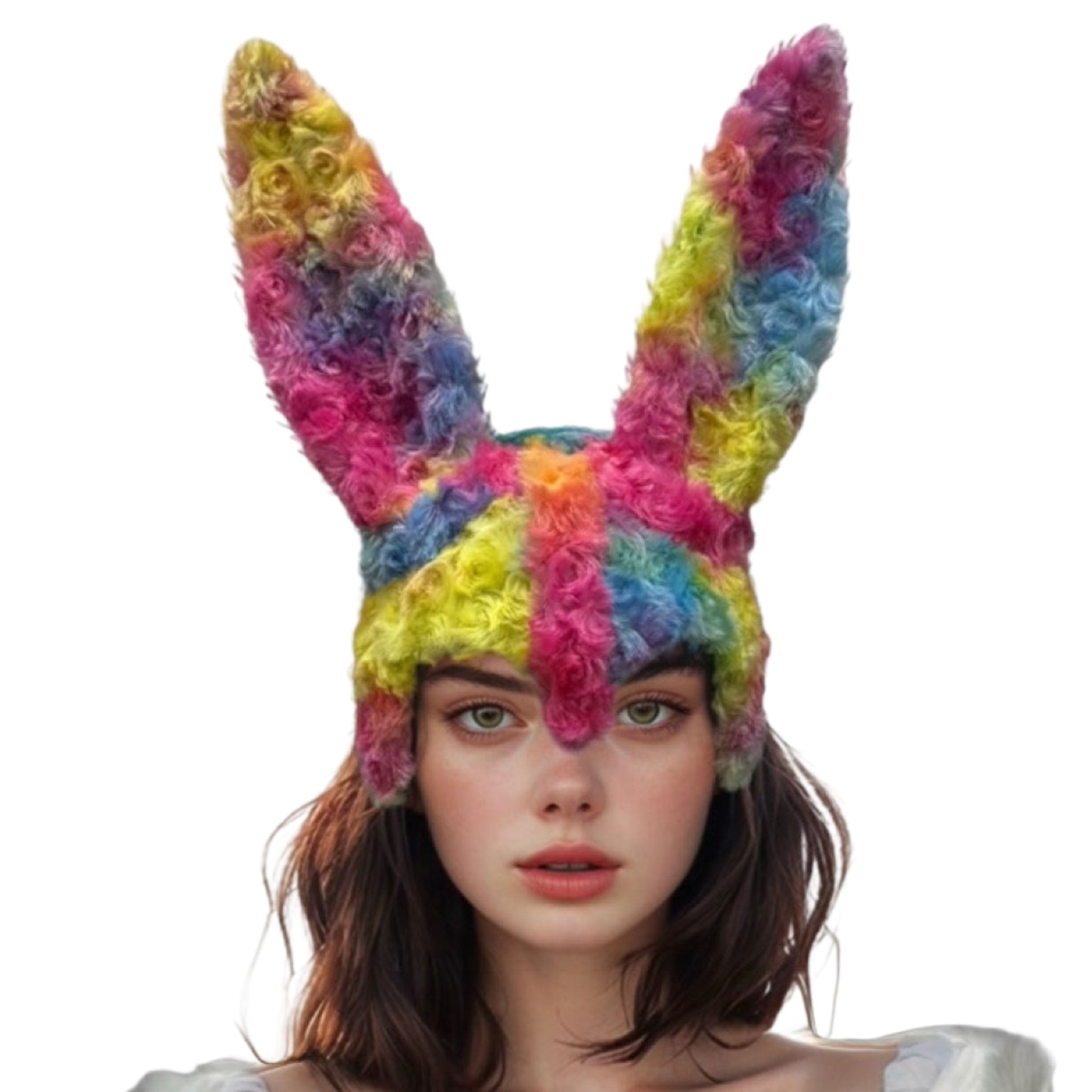 Fur faux-fur plastic plastic-resin curly-hair elastic-band accessories headgear masks hat static-ears rabbit-ears long-ears cute fun funny eye-catching colorful fashion alt-fashion alternative festivalwear ravewear kink kink kinkwear kinky-toys pet-play animal bunny rabbit easter-bunny costume cosplay halloween halloween-accessories easter unisex rainbow lgbtq pride