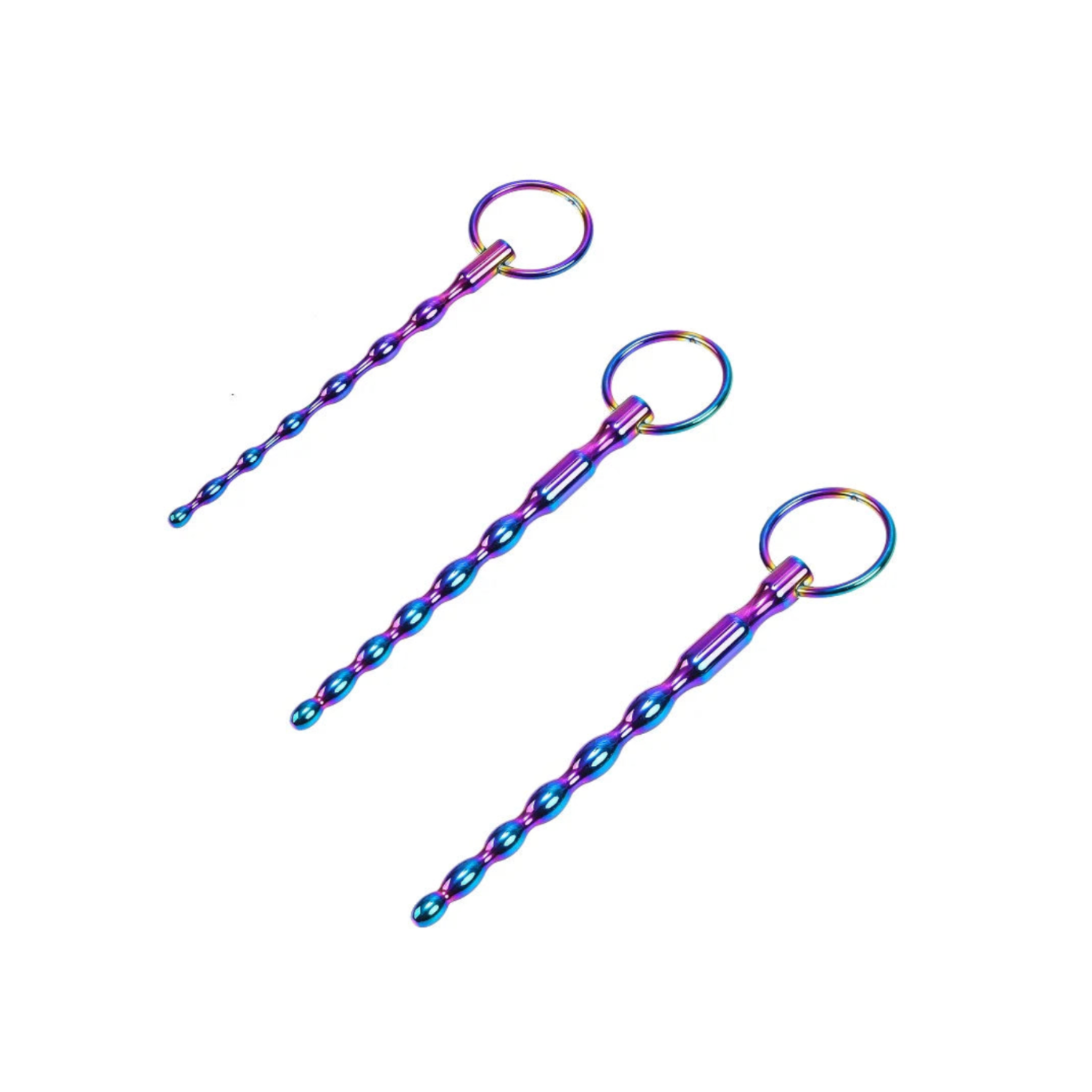 Urethral plug, stainless steel, beaded design, tapered, BDSM toy, fetish play, deep stimulation.
