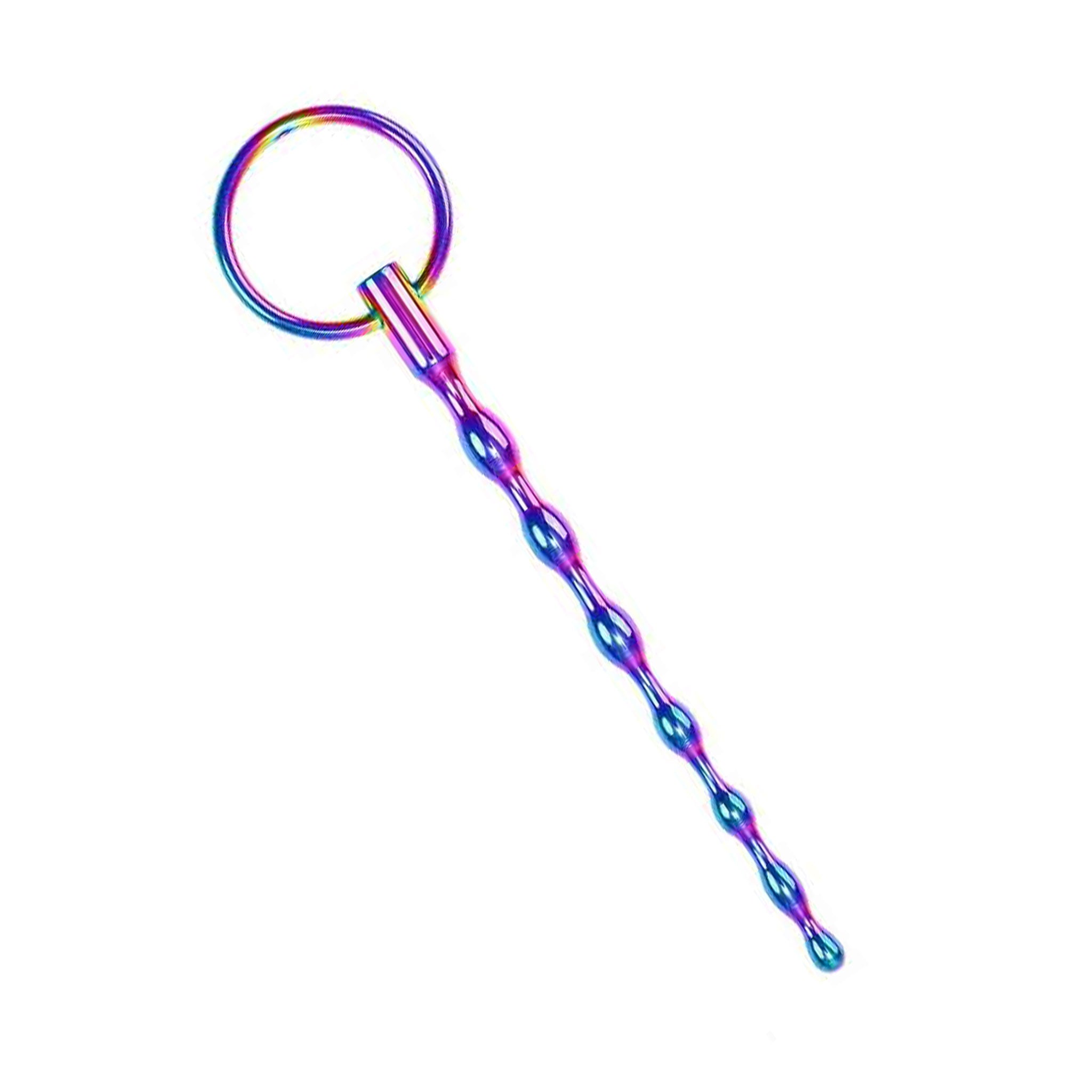 Stainless-steel heat-tinted accessories cnb cock-and-ball plug urethral-plug beaded graduated-beads tapered smooth vibrant colorful bold ergonomic comfortable playful bondage bdsm bdsm-toys bdsm-gear kink kinky kinky-play kinky-toys pain stimulating stimulation stim sadism sadist masochism masochist sadomasochism sadomasochist medical-toys adult-toys rainbow rainbow-tsunami lgbtq pride