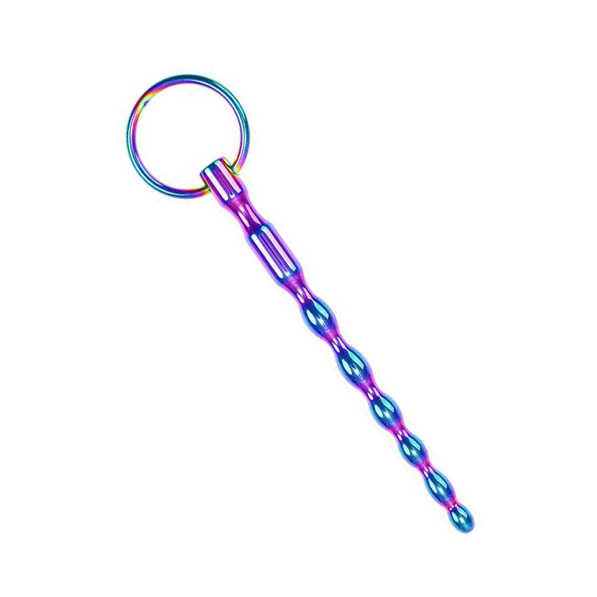 Stainless-steel heat-tinted accessories cnb cock-and-ball plug urethral-plug beaded graduated-beads tapered smooth vibrant colorful bold ergonomic comfortable playful bondage bdsm bdsm-toys bdsm-gear kink kinky kinky-play kinky-toys pain stimulating stimulation stim sadism sadist masochism masochist sadomasochism sadomasochist medical-toys adult-toys rainbow rainbow-tsunami lgbtq pride
