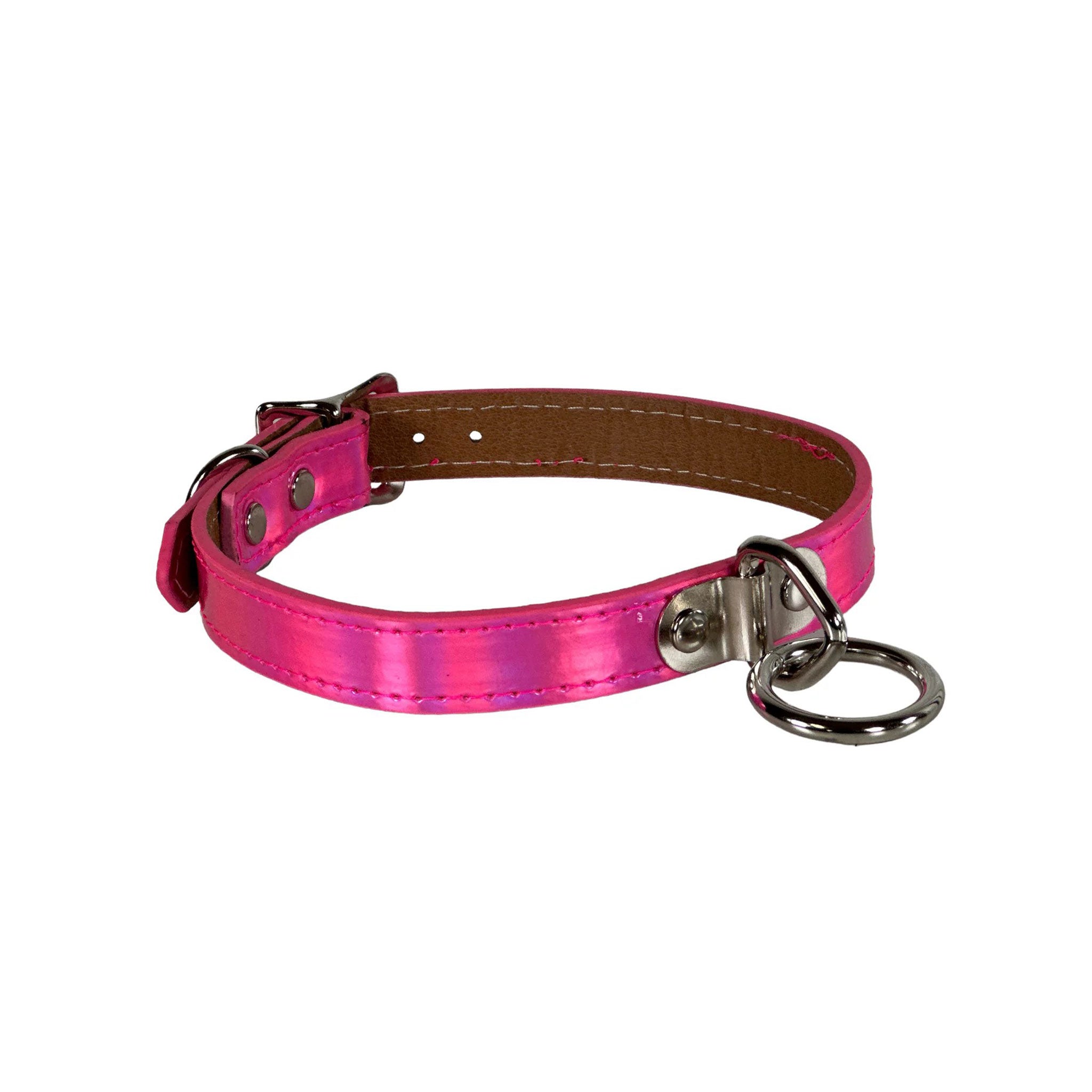 Leather patent collar choker adjustable buckle lockplate lock-plate lock plate loop pentagon pentagonal O-ring bondage bdsm fetish fashion alt-fashion punk goth gothic rave rave-wear festival accessories pink iridescent hologram rainbow