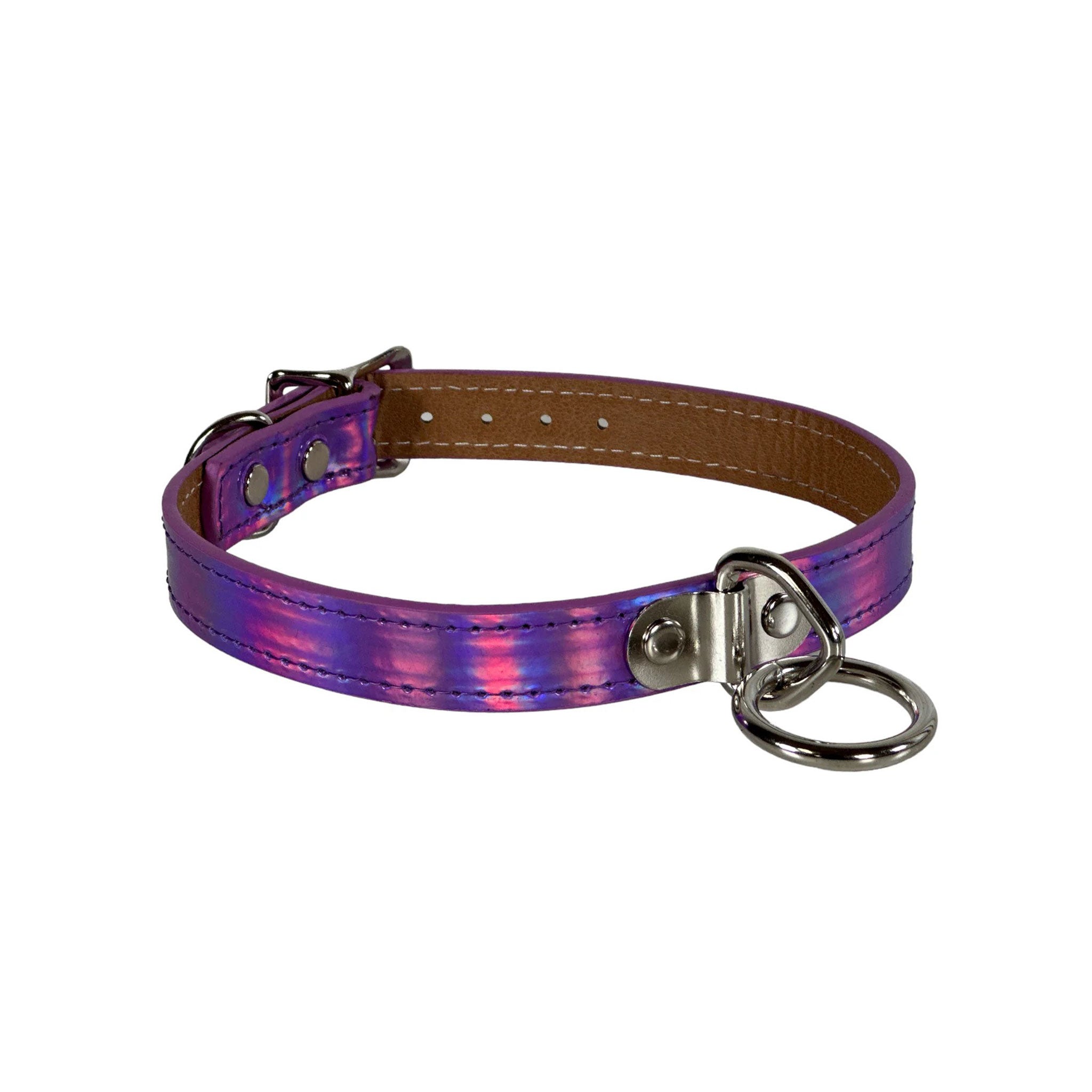 Leather patent collar choker adjustable buckle lockplate lock-plate lock plate loop pentagon pentagonal O-ring bondage bdsm fetish fashion alt-fashion punk goth gothic rave rave-wear festival accessories purple iridescent hologram rainbow