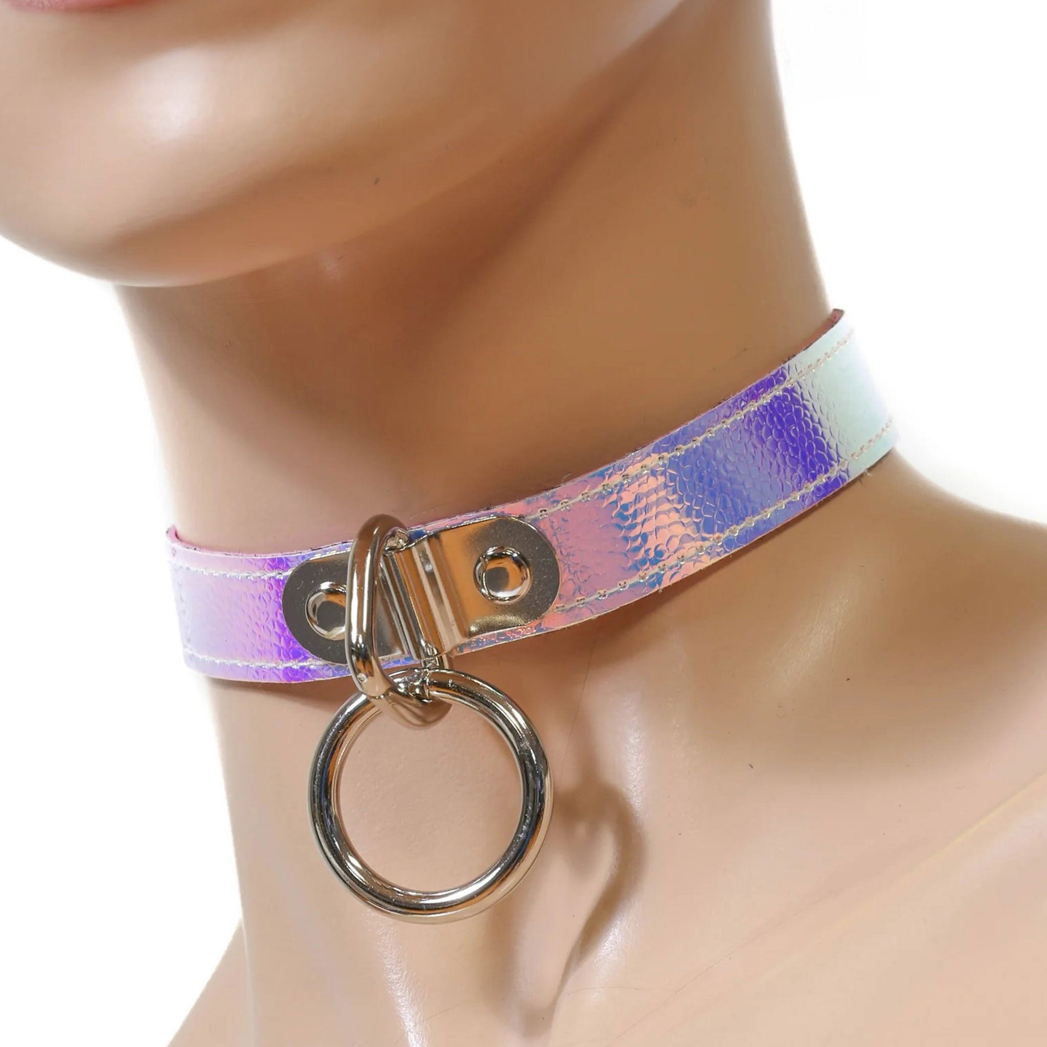 Leather patent collar choker adjustable buckle lockplate lock-plate lock plate loop pentagon pentagonal O-ring bondage bdsm fetish fashion alt-fashion punk goth gothic rave rave-wear festival accessories purple blue pebble texture iridescent hologram rainbow