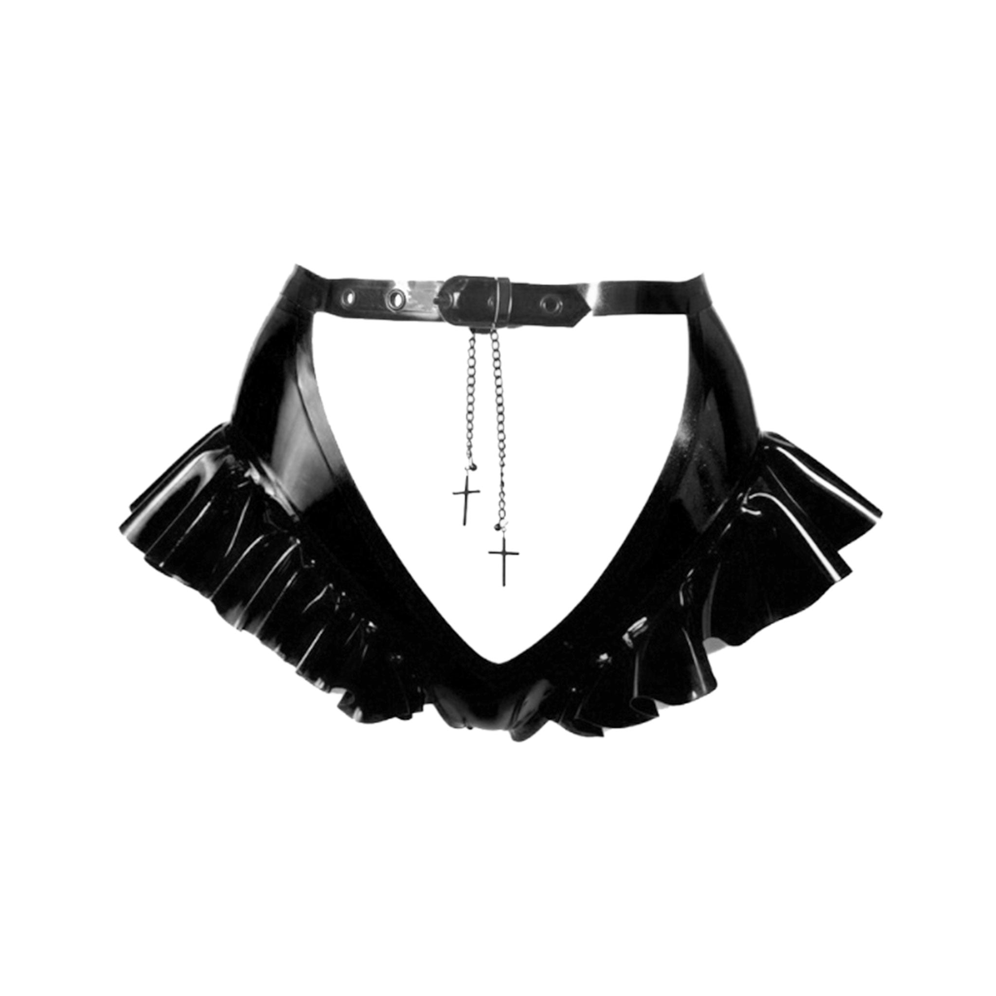 Latex rubber metallic-chain apparel intimates lingerie latex-lingerie bottoms panty panties knickers latex-lingerie low-rise cutout cut-out window mons-pubis pubic-area pussy-coverage hanging-chain adjustable buckle cross-charm crucifix-charm frilled frill frilly frilled-hem ruffles ruffled-hem female femme feminine womens black