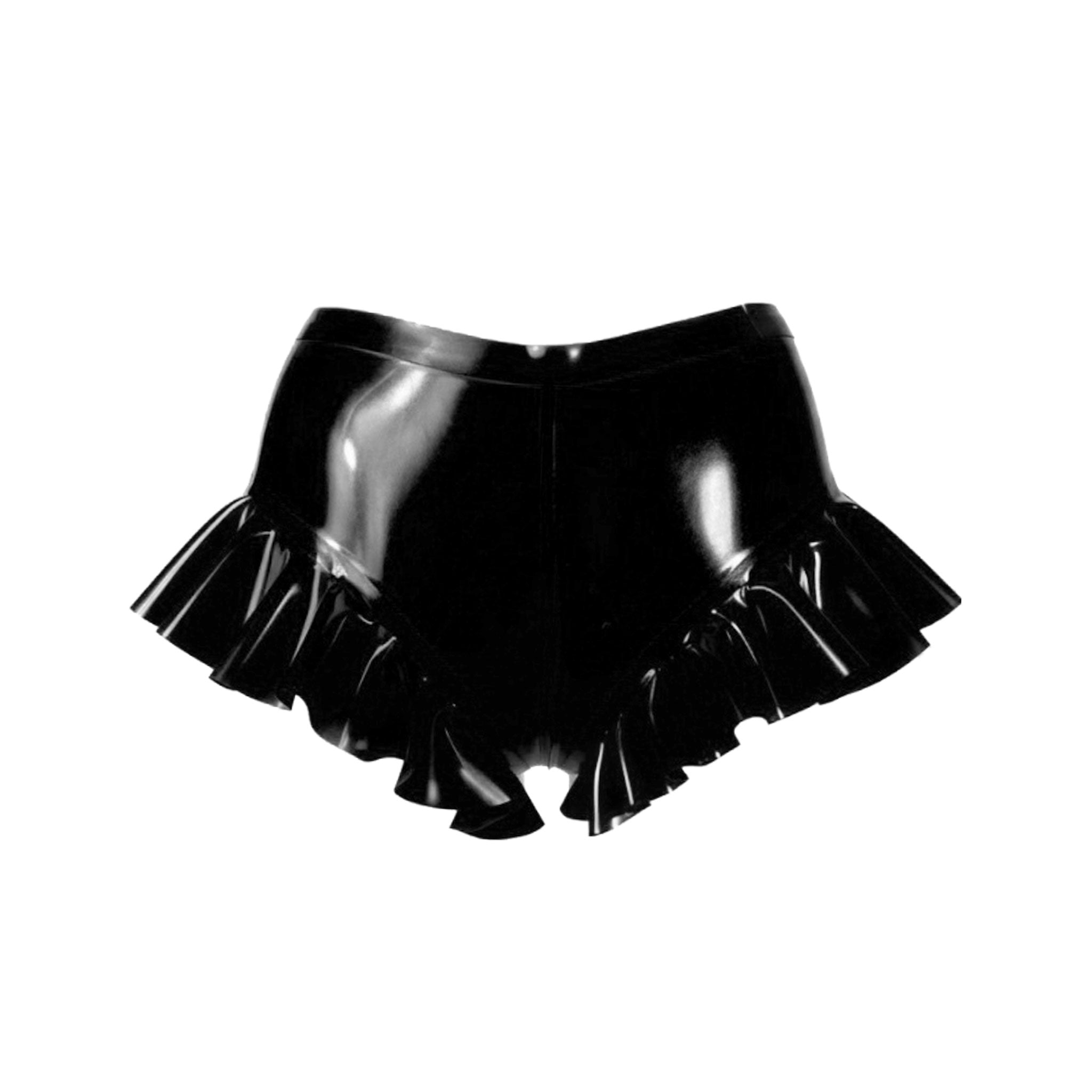 Latex rubber metallic-chain apparel intimates lingerie latex-lingerie bottoms panty panties knickers latex-lingerie low-rise cutout cut-out window mons-pubis pubic-area pussy-coverage hanging-chain adjustable buckle cross-charm crucifix-charm frilled frill frilly frilled-hem ruffles ruffled-hem female femme feminine womens black