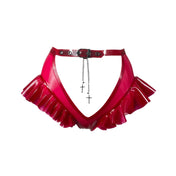 Latex rubber metallic-chain apparel intimates lingerie latex-lingerie bottoms panty panties knickers latex-lingerie low-rise cutout cut-out window mons-pubis pubic-area pussy-coverage hanging-chain adjustable buckle cross-charm crucifix-charm frilled frill frilly frilled-hem ruffles ruffled-hem female femme feminine womens red blood-red