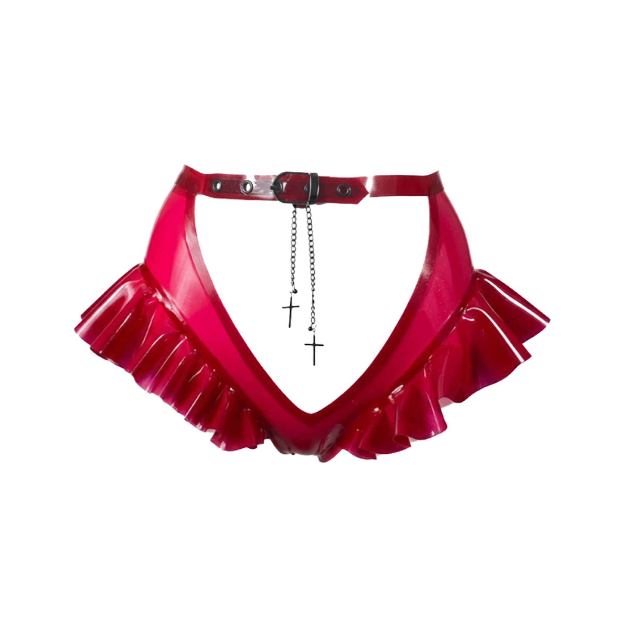 Latex rubber metallic-chain apparel intimates lingerie latex-lingerie bottoms panty panties knickers latex-lingerie low-rise cutout cut-out window mons-pubis pubic-area pussy-coverage hanging-chain adjustable buckle cross-charm crucifix-charm frilled frill frilly frilled-hem ruffles ruffled-hem female femme feminine womens red blood-red