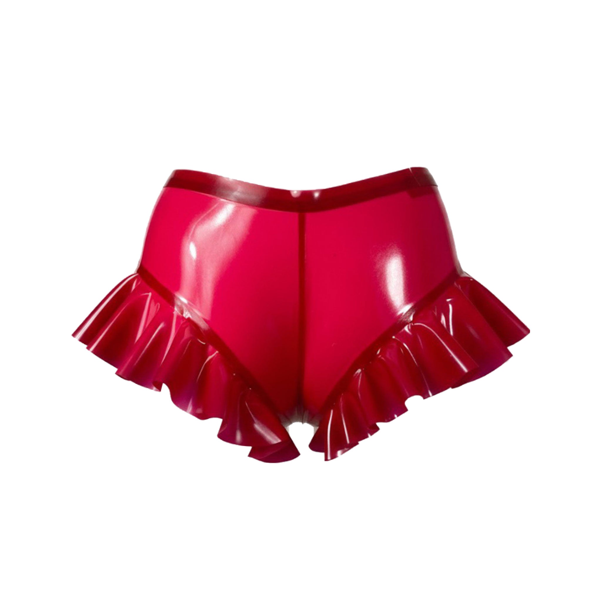 Latex rubber metallic-chain apparel intimates lingerie latex-lingerie bottoms panty panties knickers latex-lingerie low-rise cutout cut-out window mons-pubis pubic-area pussy-coverage hanging-chain adjustable buckle cross-charm crucifix-charm frilled frill frilly frilled-hem ruffles ruffled-hem female femme feminine womens red blood-red