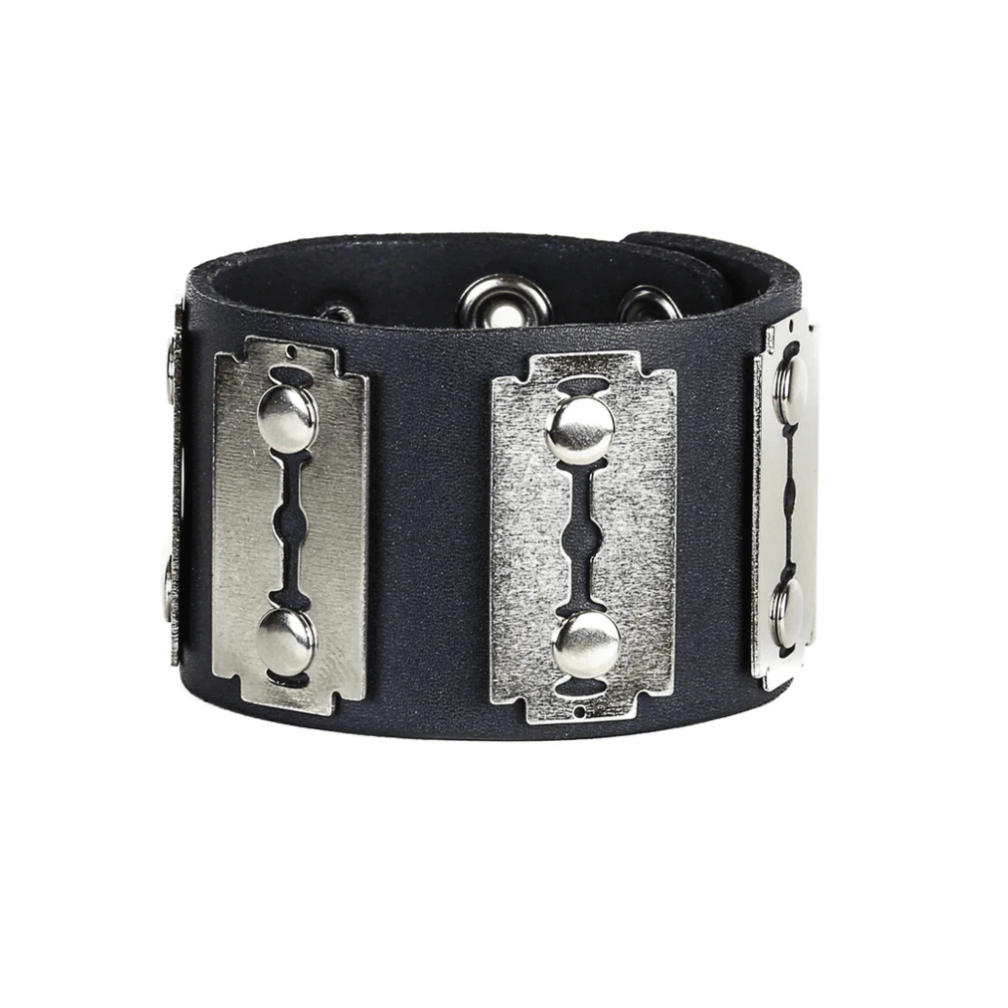 razor blade leather bracelet black punk gothic adjustable snap closure metal hardware fetish accessory