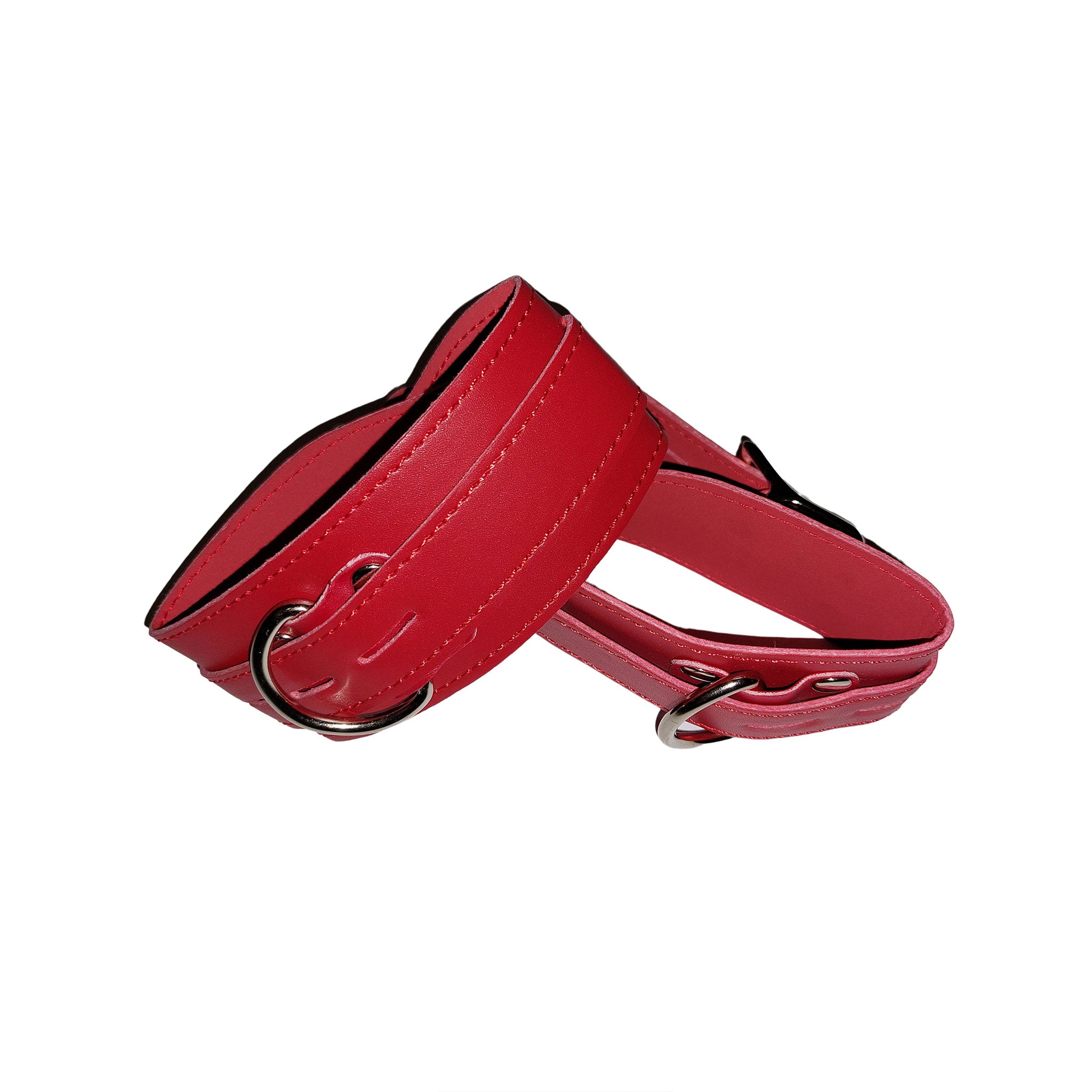 Leather accessories restraints binding cuffs wrist wrist-cuffs ankle-cuffs ankle D-ring adjustable buckle locking lockable smooth flexible variable bondage bdsm bdsm-gear kink kinky kinky-gear kinky-play unisex red