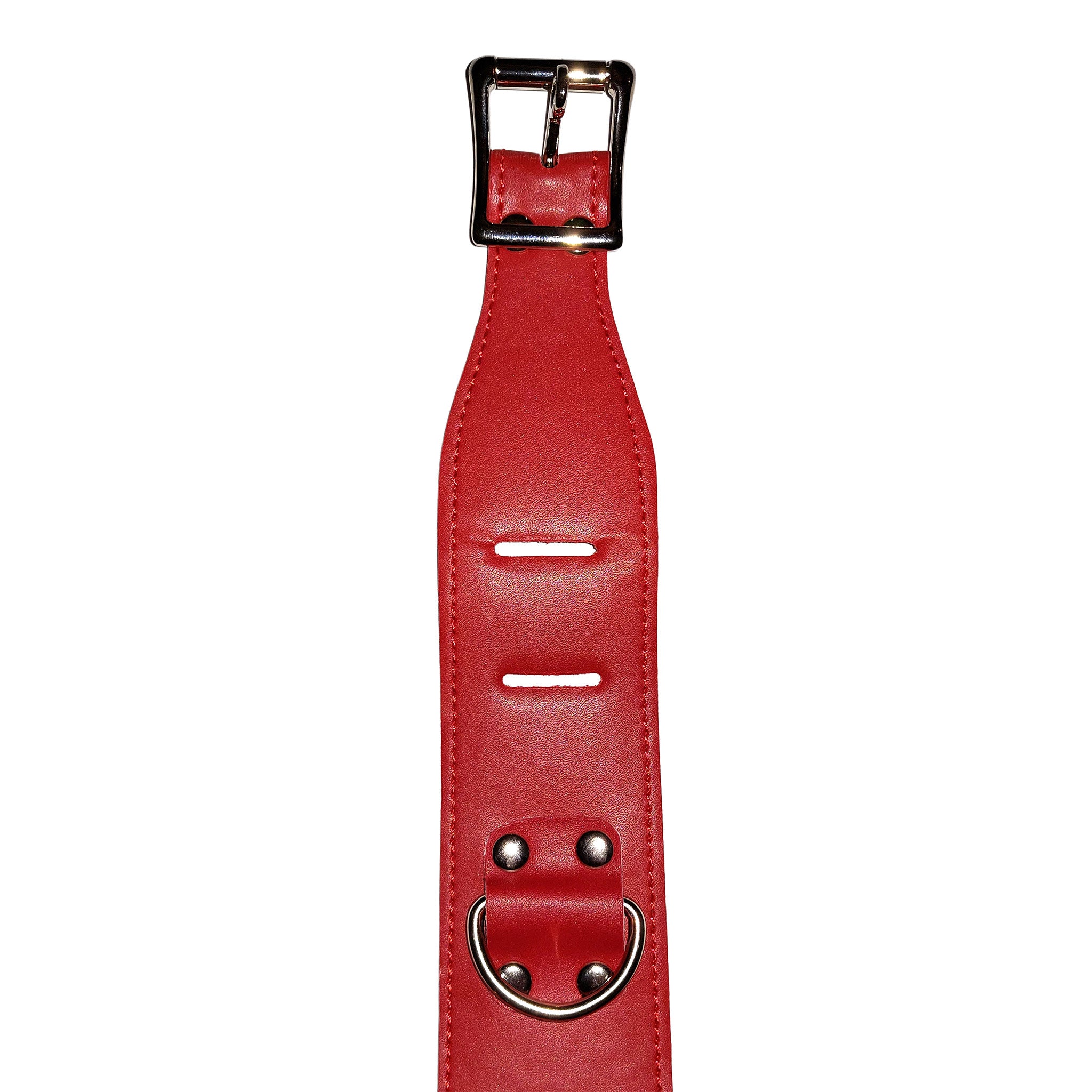 Leather accessories restraints binding cuffs wrist wrist-cuffs ankle-cuffs ankle D-ring adjustable buckle locking lockable smooth flexible variable bondage bdsm bdsm-gear kink kinky kinky-gear kinky-play unisex red