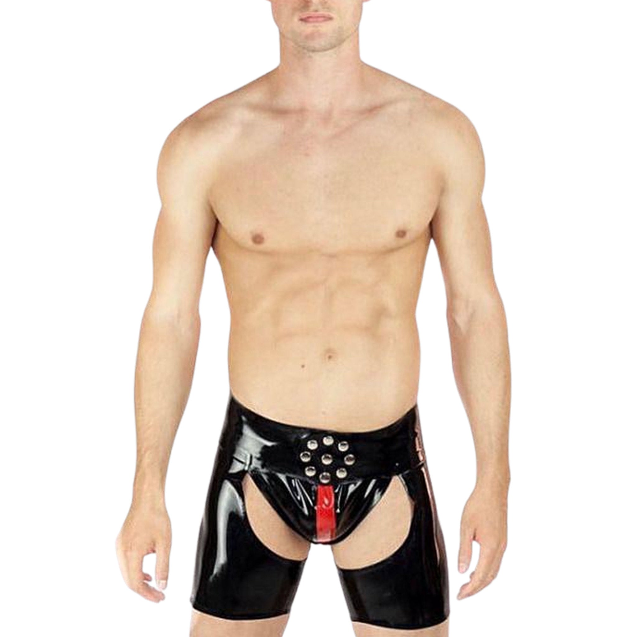 Red and black latex crotchless chap shorts with wide hero-style belt, snap-button closure, racing stripe detail, and corset lace-up back.
