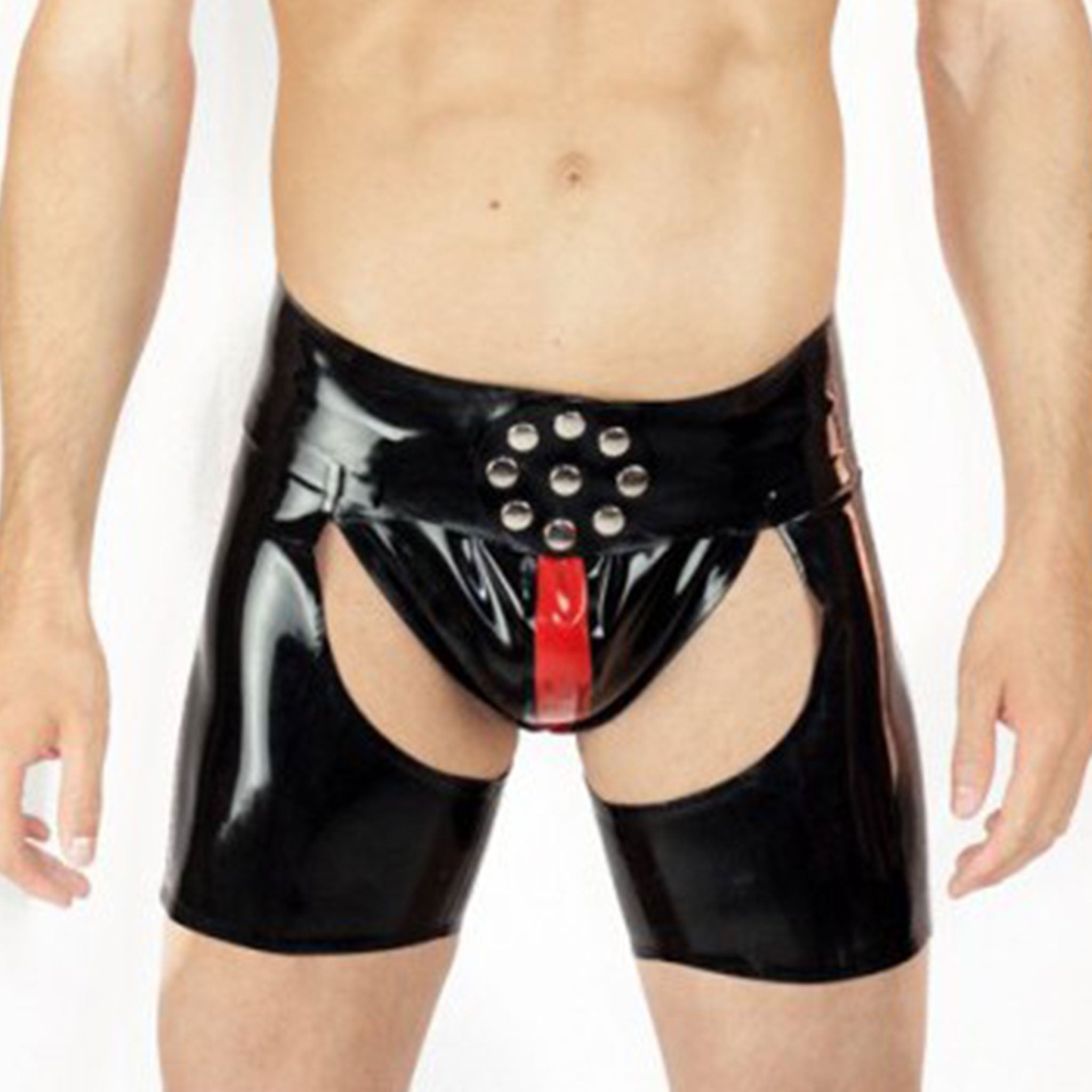 Latex rubber intimates lingerie bottoms shorts chaps corset-style nylon-lacing crotchless wide-belt hero-style press-studs snap-button seatless racing-stripe fetishwear fetish fashion cowboy male masculine masc mens menswear guys dudes black red
