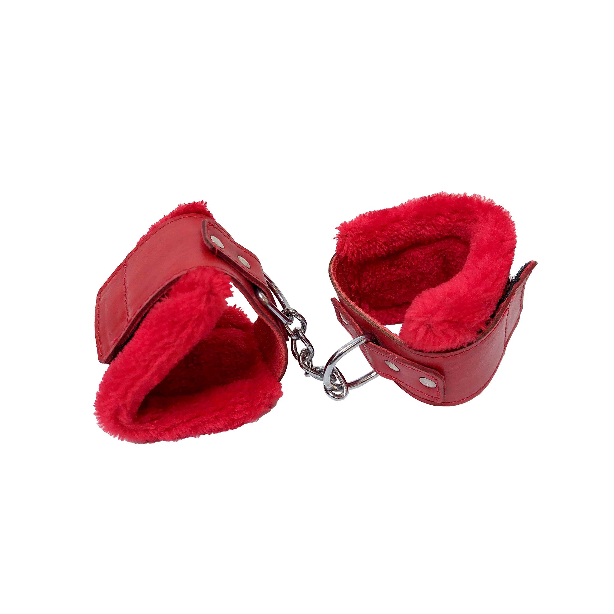 Leather genuine-leather furry fleece-lining restraints wrist-restraints wrist-cuffs D-ring chain attached soft smooth firm comfortable fetish fashion alt-fashion bdsm bdsm-gear kink kinky kinky-play bondage adult-toys red