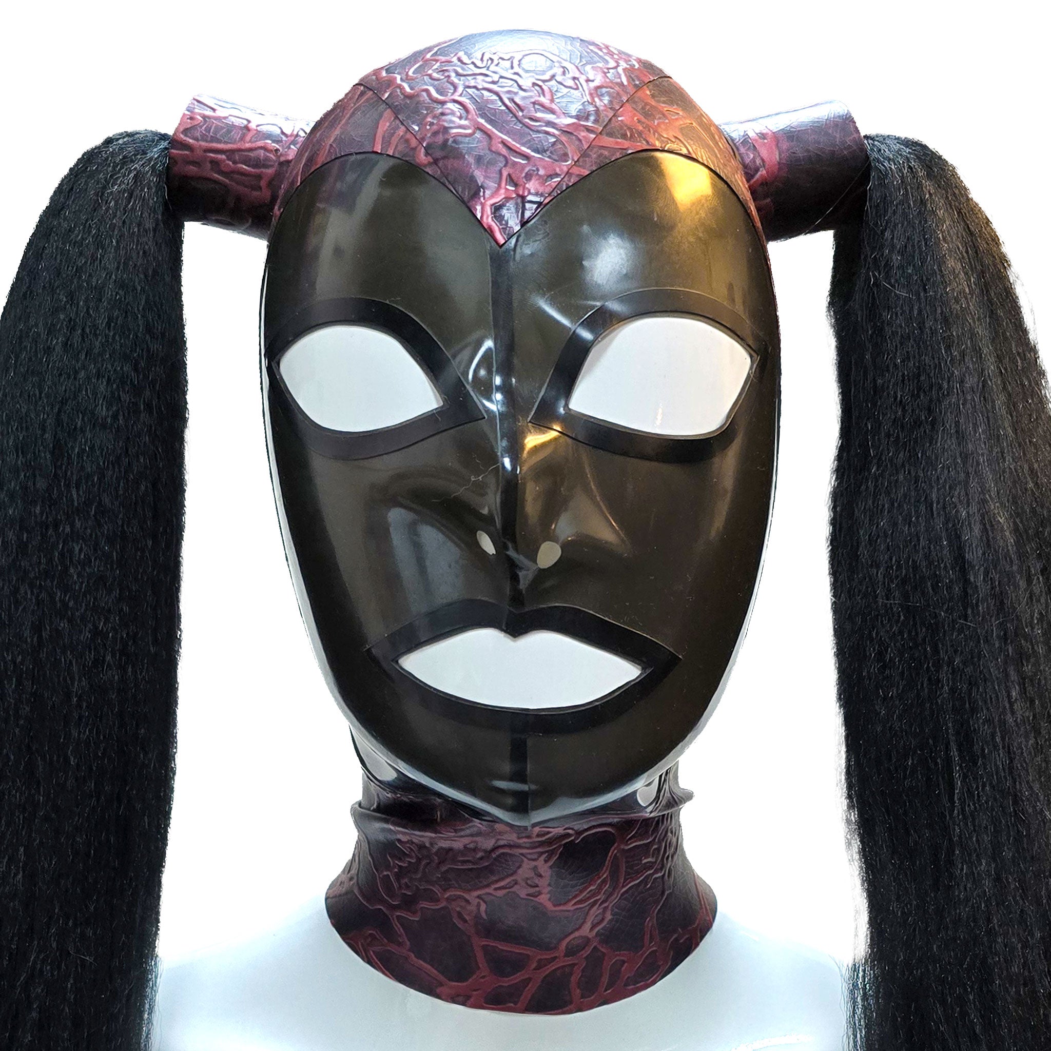 Latex rubber synthetic-hair accessories hood mask anatomical ponytails contrast-trim zipper back-zip hair-protector protector-panel form-fitting shiny glossy fetish fashion alt-fashion bondage bdsm bdsm-gear bdsm-toys kink kinky kinky-play kinkwear costume cosplay halloween unisex black black-hair brunette all-black 