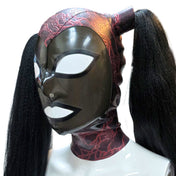 Latex rubber synthetic-hair accessories hood mask anatomical ponytails contrast-trim zipper back-zip hair-protector protector-panel form-fitting shiny glossy fetish fashion alt-fashion bondage bdsm bdsm-gear bdsm-toys kink kinky kinky-play kinkwear costume cosplay halloween unisex black black-hair brunette all-black 