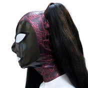 Latex rubber synthetic-hair accessories hood mask anatomical ponytails contrast-trim zipper back-zip hair-protector protector-panel form-fitting shiny glossy fetish fashion alt-fashion bondage bdsm bdsm-gear bdsm-toys kink kinky kinky-play kinkwear costume cosplay halloween unisex black black-hair brunette all-black 