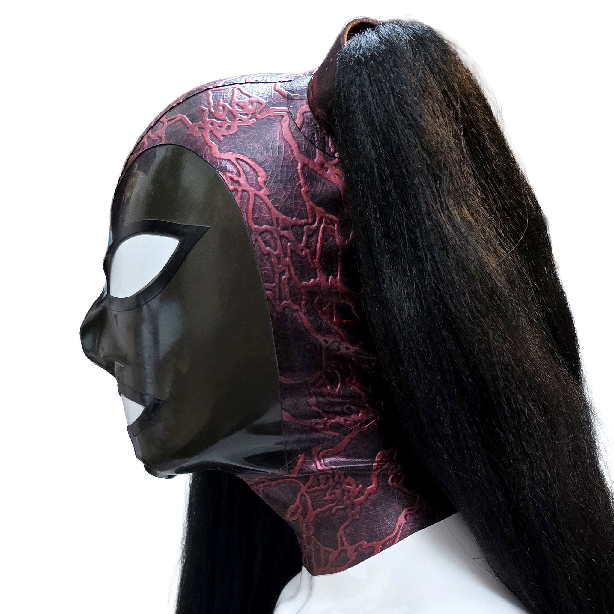 Latex rubber synthetic-hair accessories hood mask anatomical ponytails contrast-trim zipper back-zip hair-protector protector-panel form-fitting shiny glossy fetish fashion alt-fashion bondage bdsm bdsm-gear bdsm-toys kink kinky kinky-play kinkwear costume cosplay halloween unisex black black-hair brunette all-black 