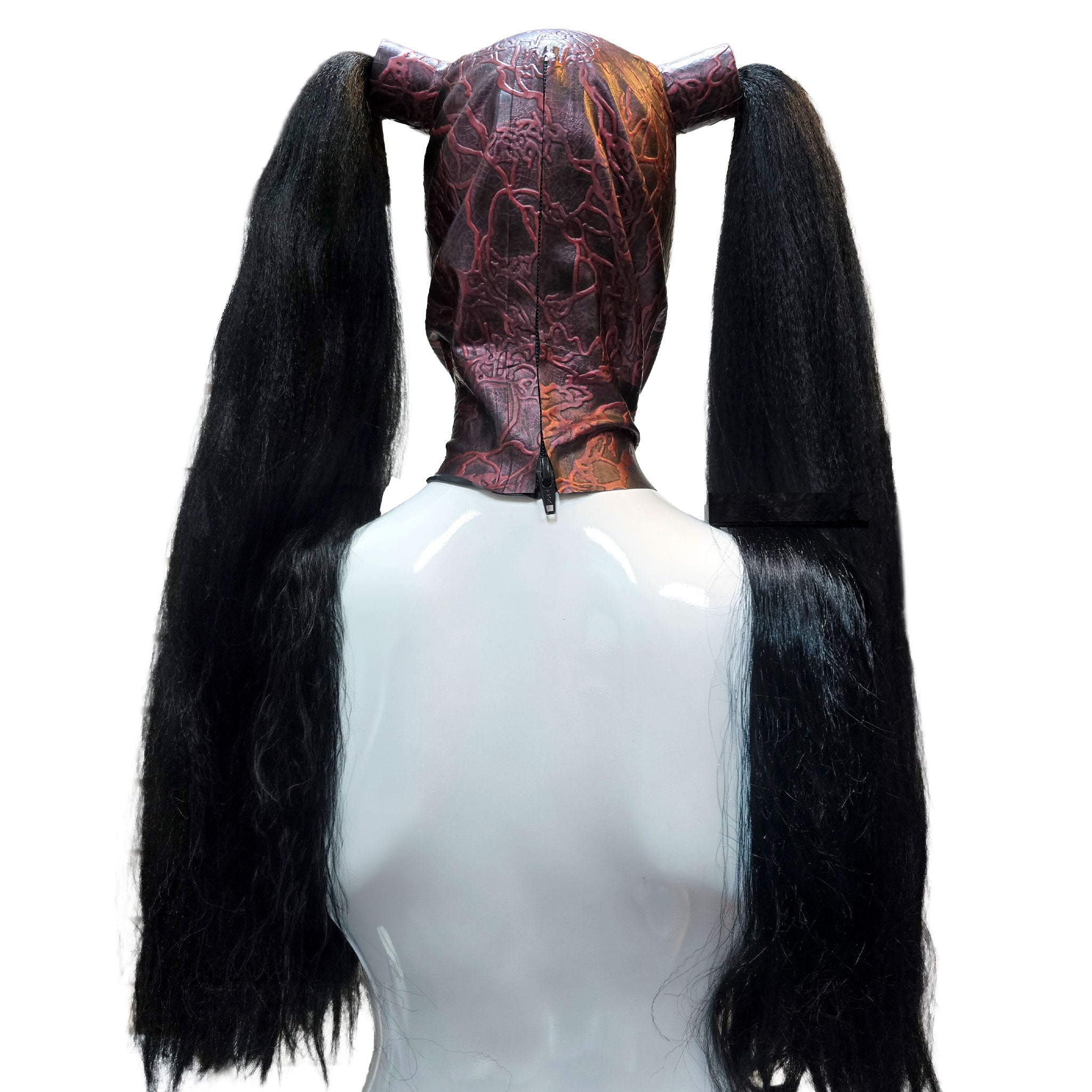 Latex rubber synthetic-hair accessories hood mask anatomical ponytails contrast-trim zipper back-zip hair-protector protector-panel form-fitting shiny glossy fetish fashion alt-fashion bondage bdsm bdsm-gear bdsm-toys kink kinky kinky-play kinkwear costume cosplay halloween unisex black black-hair brunette all-black 