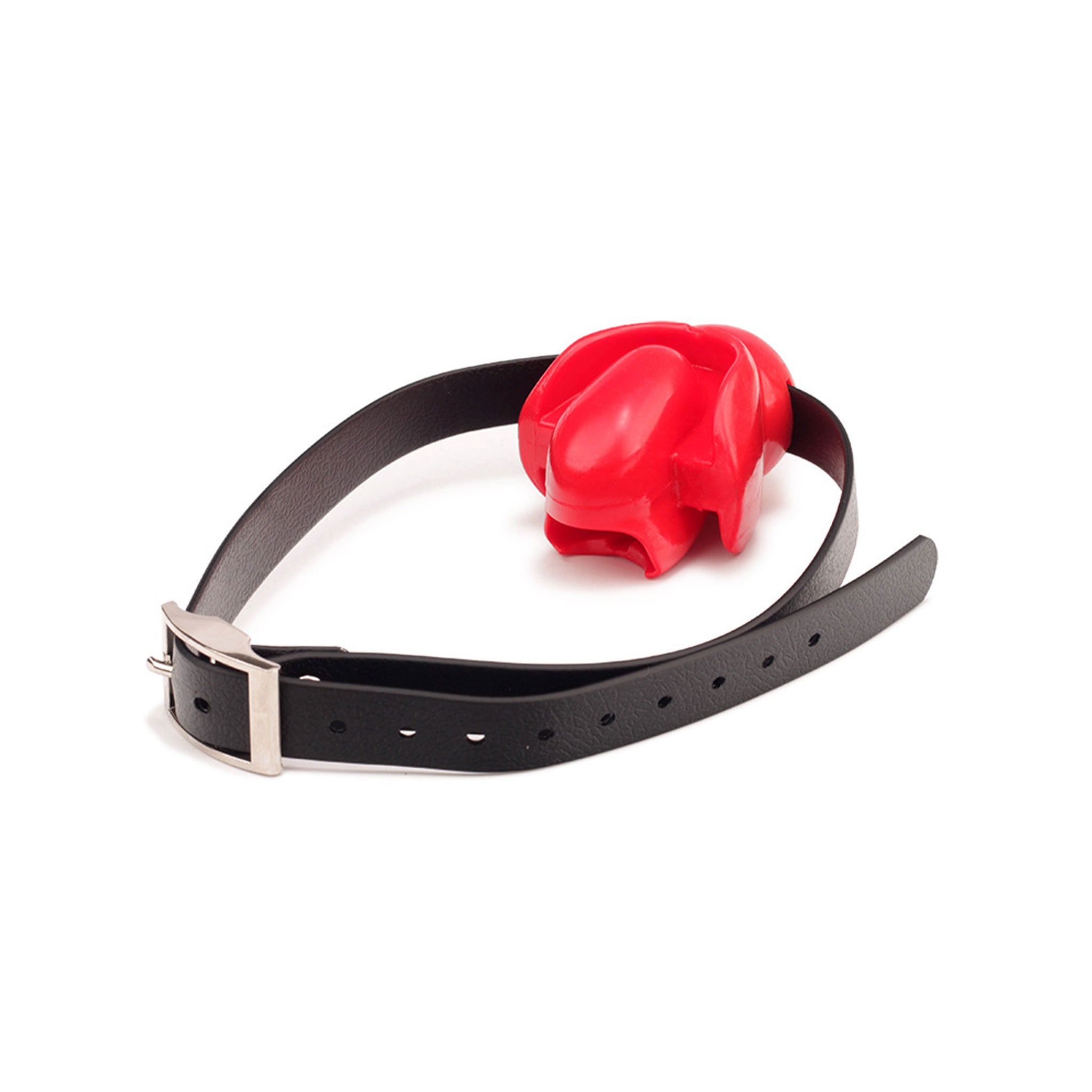 red silicone open mouth gag with tongue pocket, adjustable faux leather strap gag, BDSM oral restraint gag, fetish silicone mouthpiece, kink play accessory