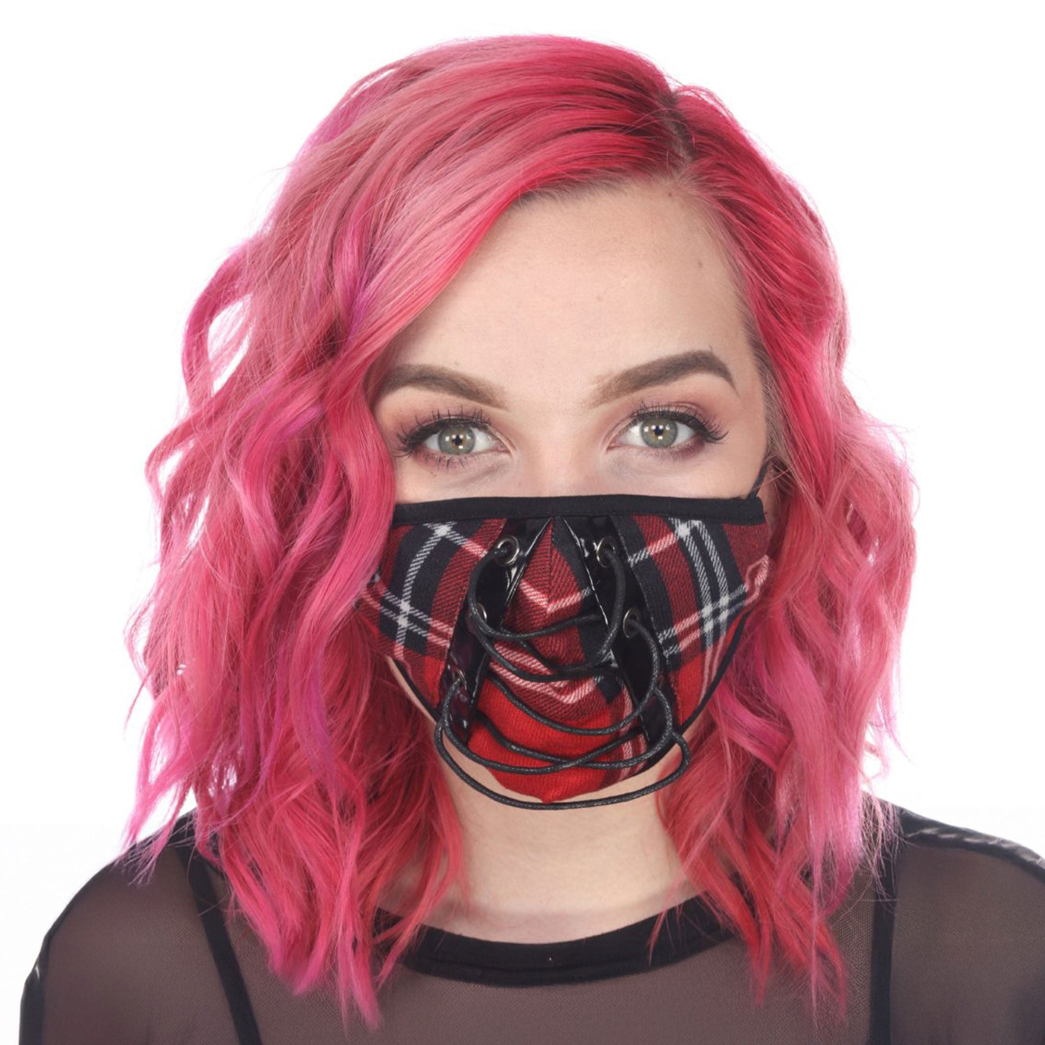 Polyester elastane Spandex synthetic-fabric vinyl apparel accessories mask dust-mask replaceable-filter lace-up laceup earloop ear-loop adjustable criss-cross crisscross filter-pocket PM2.5 comfortable stretchy glossy shiny reusable bondage bdsm kink kinky kinky-play rave ravewear unisex red black red-plaid plaid
