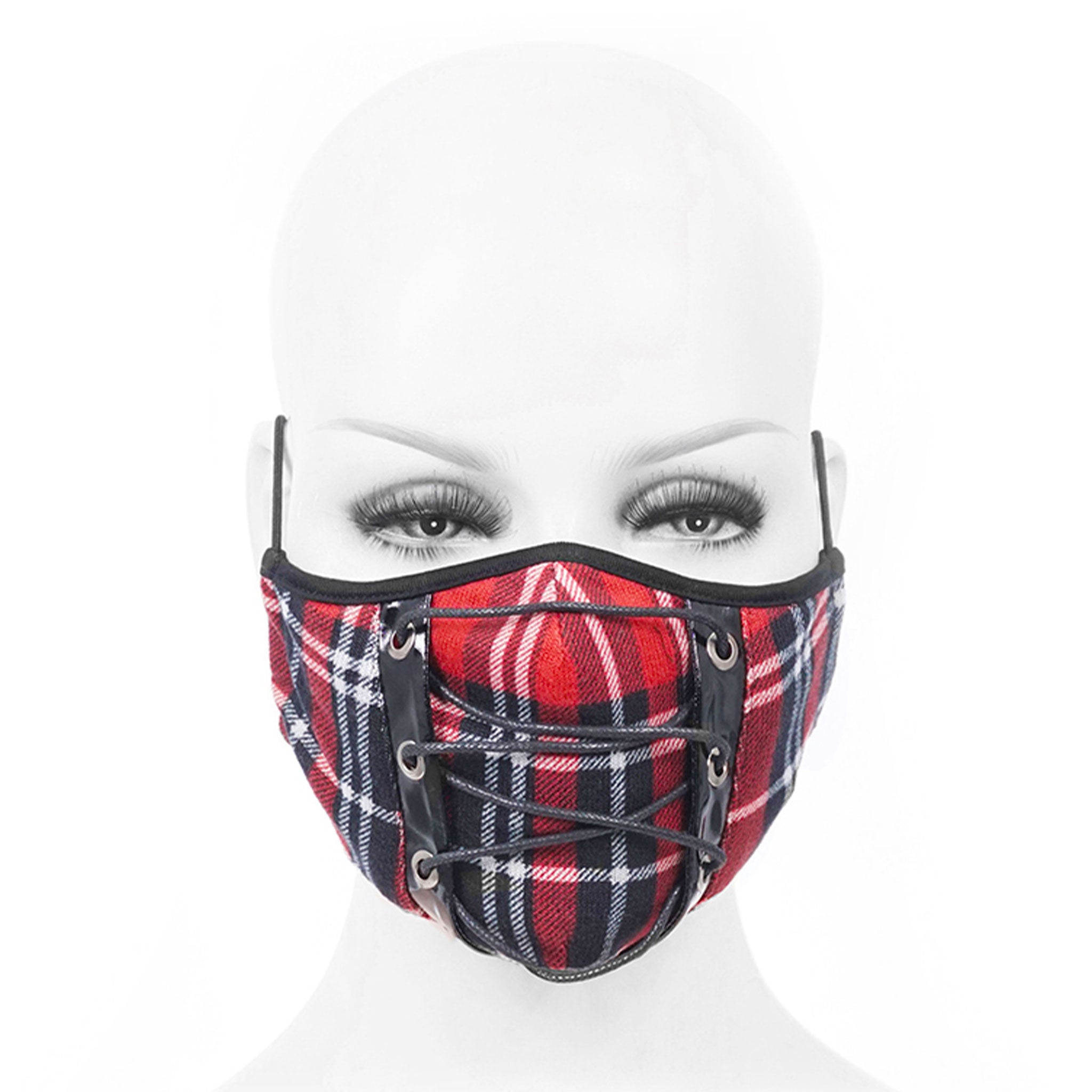 Polyester elastane Spandex synthetic-fabric vinyl apparel accessories mask dust-mask replaceable-filter lace-up laceup earloop ear-loop adjustable criss-cross crisscross filter-pocket PM2.5 comfortable stretchy glossy shiny reusable bondage bdsm kink kinky kinky-play rave ravewear unisex red black red-plaid plaid