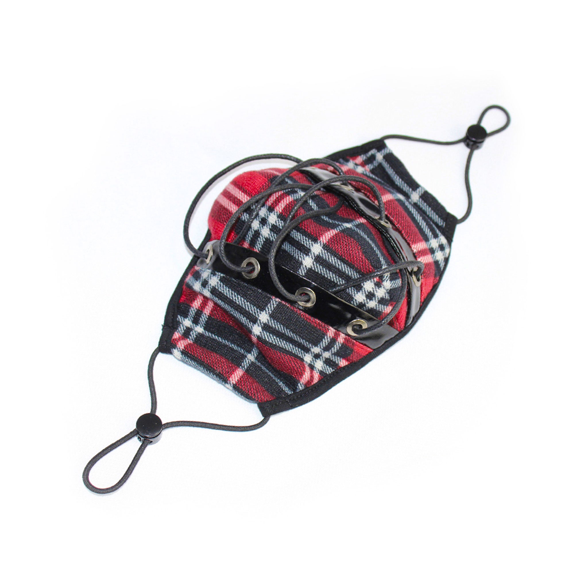 Polyester elastane Spandex synthetic-fabric vinyl apparel accessories mask dust-mask replaceable-filter lace-up laceup earloop ear-loop adjustable criss-cross crisscross filter-pocket PM2.5 comfortable stretchy glossy shiny reusable bondage bdsm kink kinky kinky-play rave ravewear unisex red black red-plaid plaid